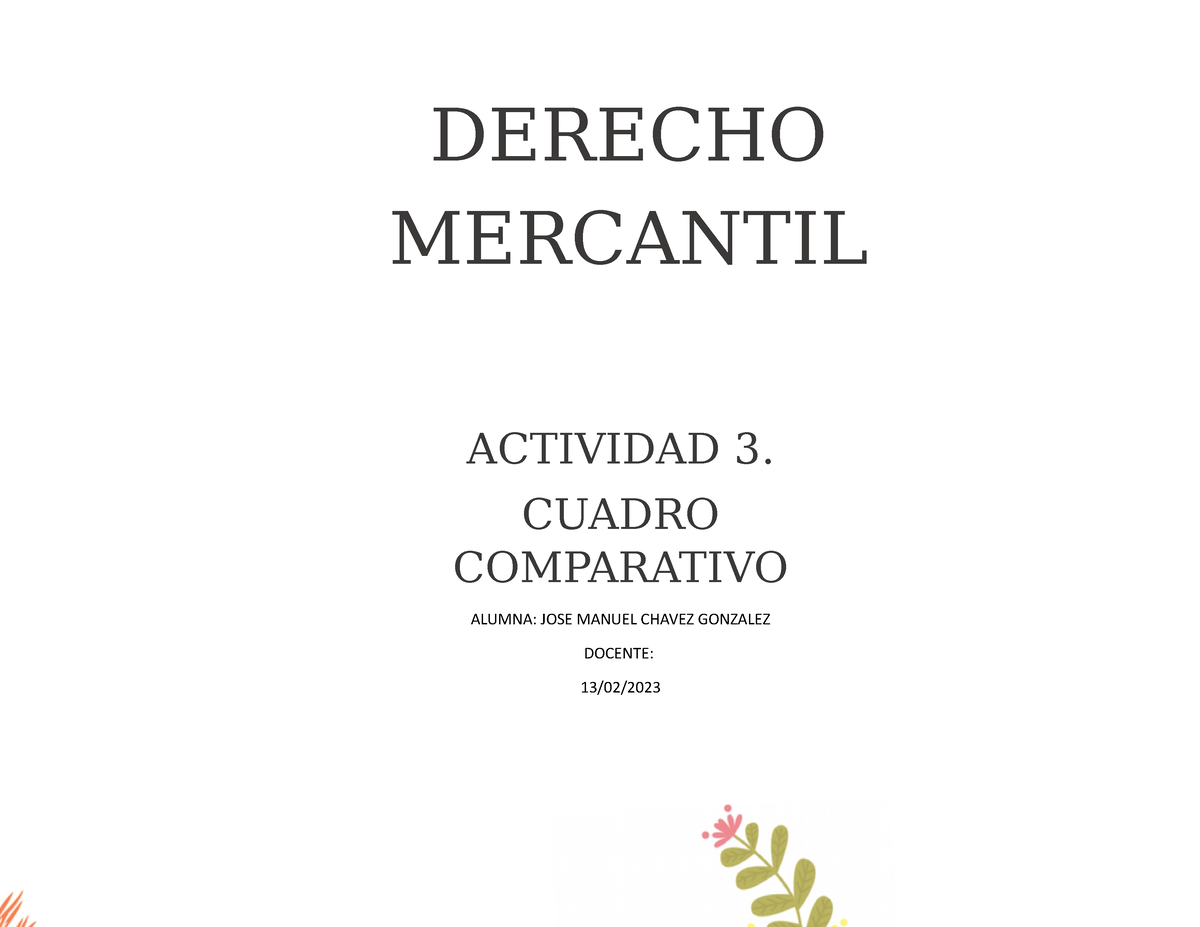 Formato Act Cuadro Comparativo DERECHO MERCANTIL ACTIVIDAD CUADRO COMPARATIVO ALUMNA