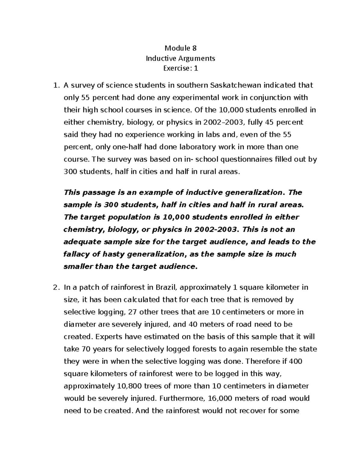 Module 8 - Module 8 Inductive Arguments Exercise: 1 A survey of science ...