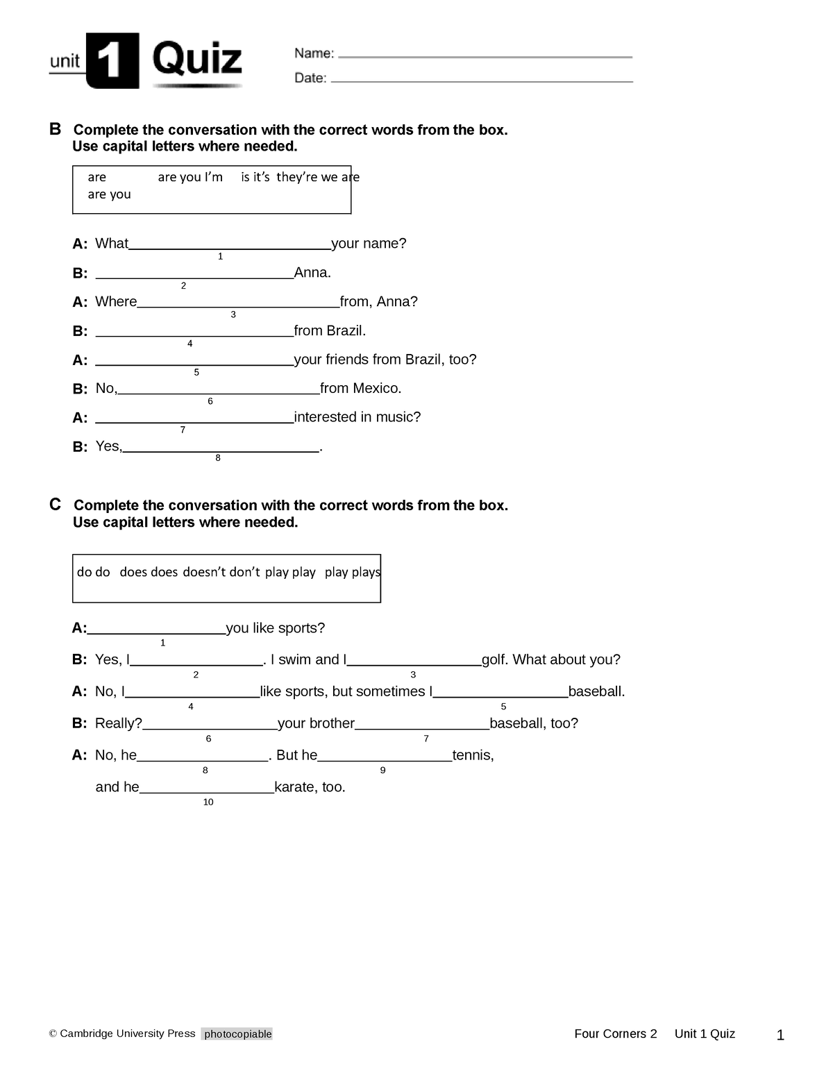 Four Corners Second Edition Quizz One B1 -B - © Cambridge University ...