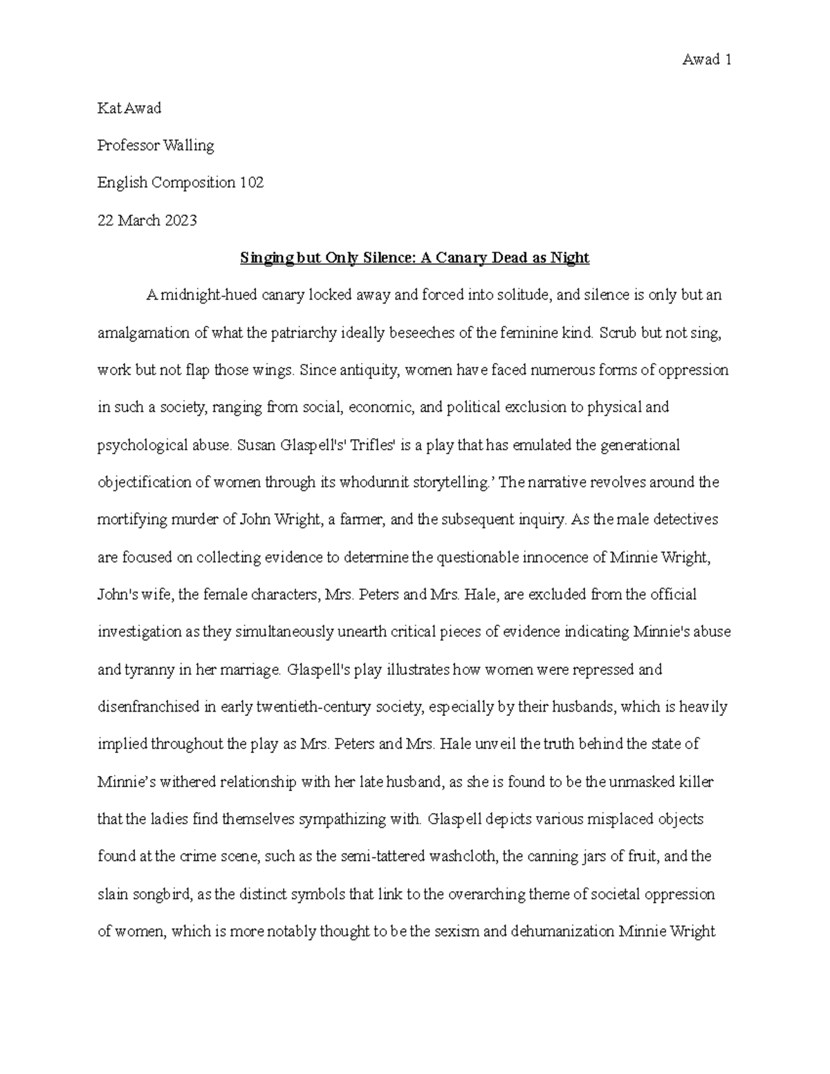 Formal Essay 3 - Kat Awad - Kat Awad Professor Walling English ...