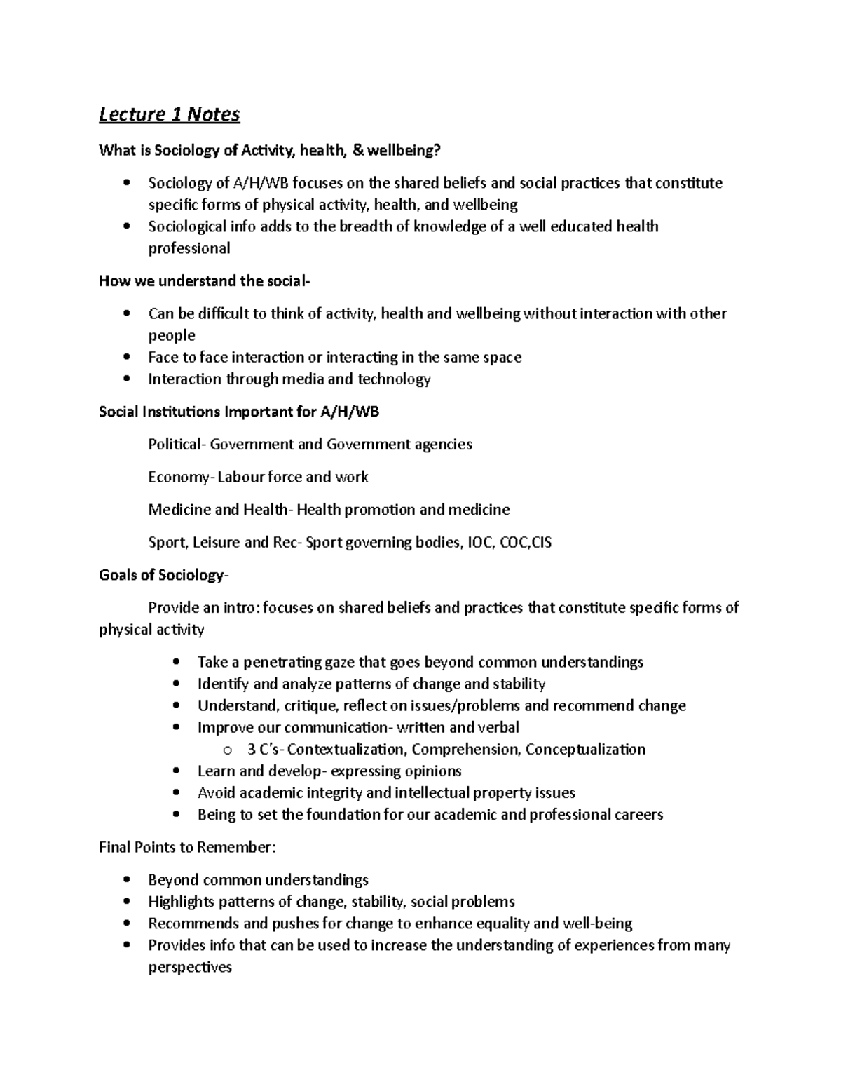Lecture 1 Notes - Lecture 1 Notes What is Sociology of Activity, health ...