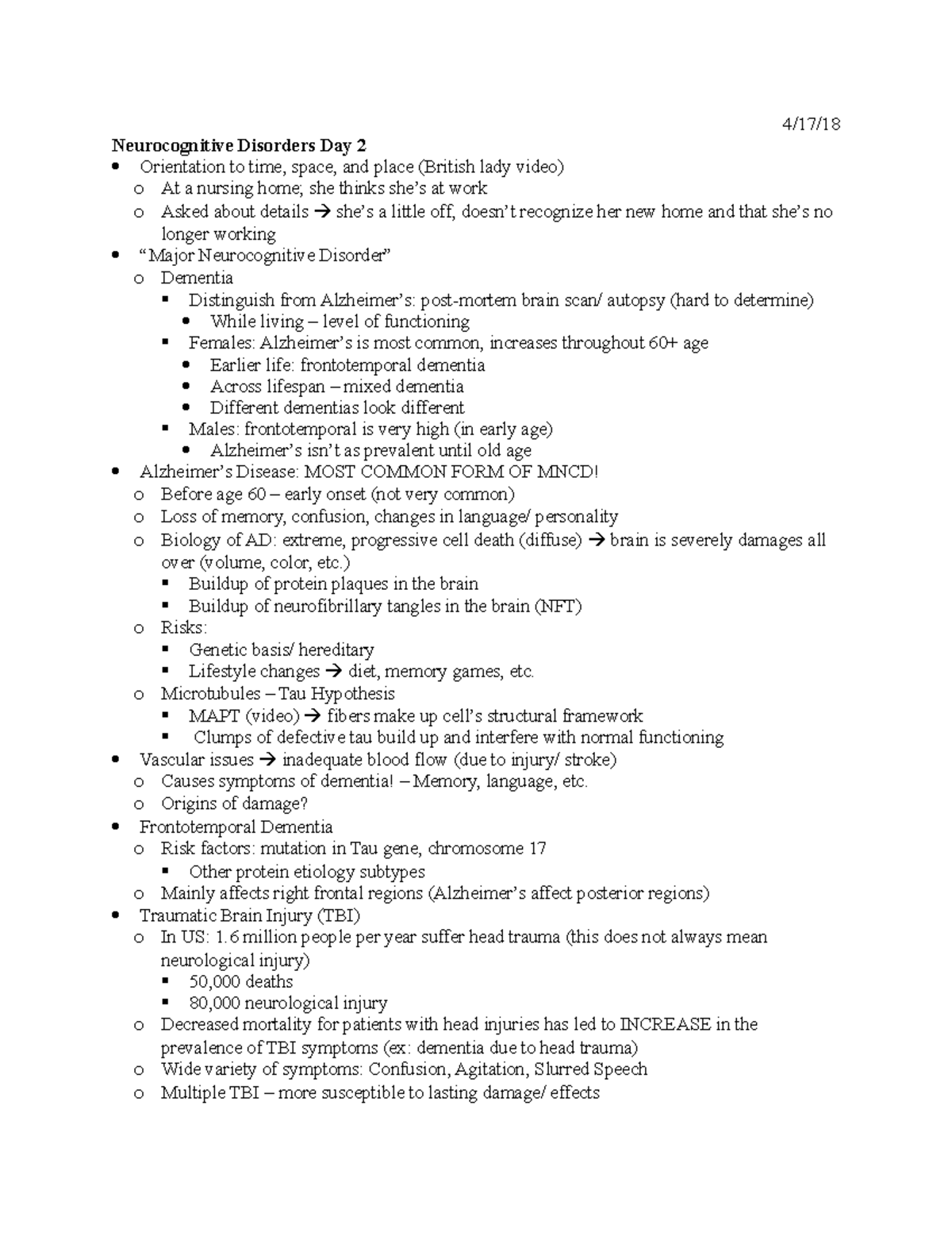 Neurocognitive Disorders Part 2 - 4/17/ Neurocognitive Disorders Day 2 ...