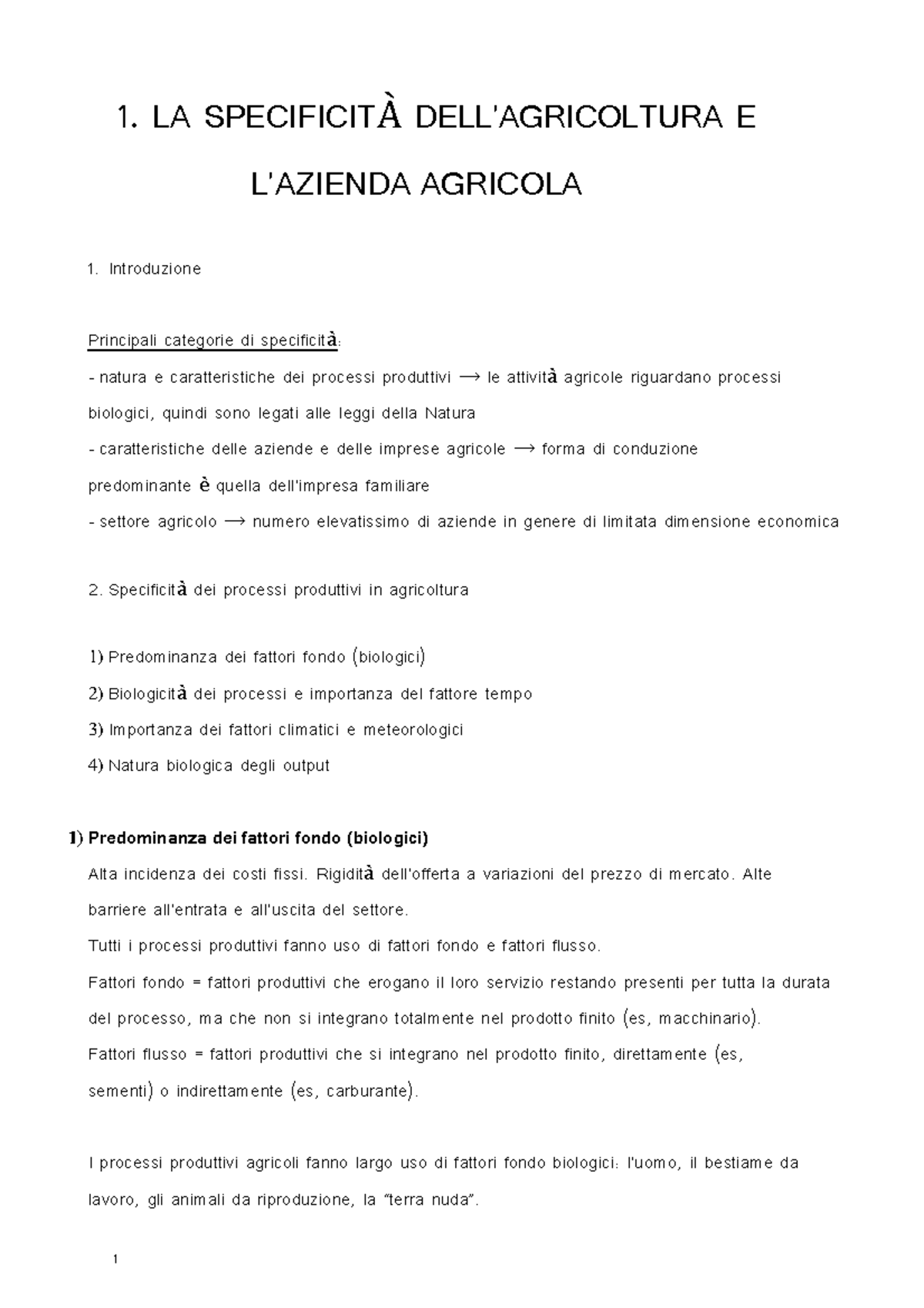 Specificita agricoltura - 1. LA SPECIFICITÀ DELL'AGRICOLTURA E L ...