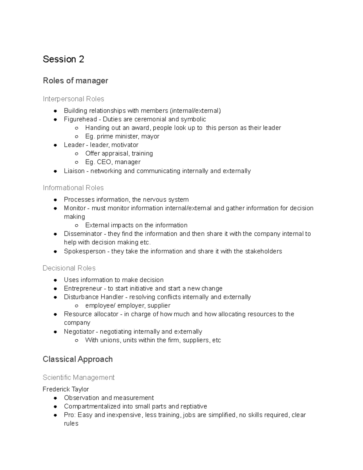 ADMS 1000 - Session 2 - Notes - Session 2 Roles of manager ...