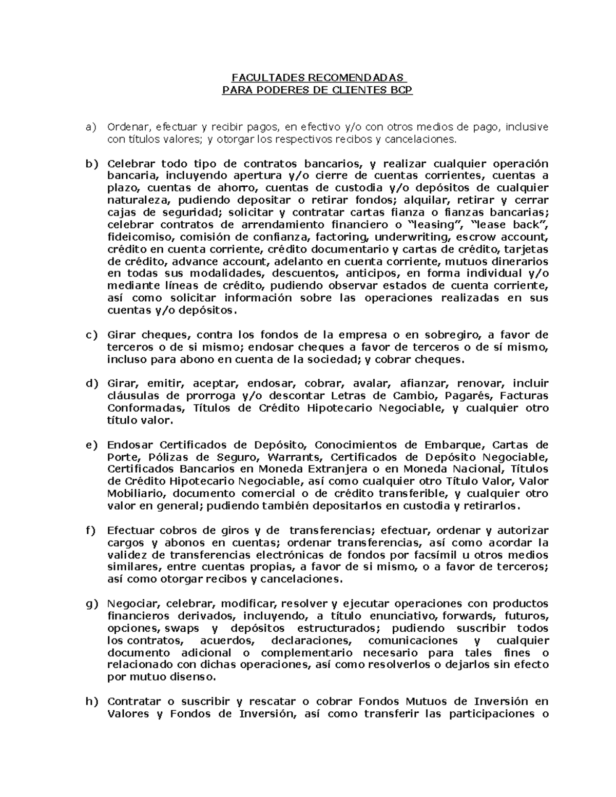 Poder Bancario - NOTARIAL - FACULTADES RECOMENDADAS PARA PODERES DE ...
