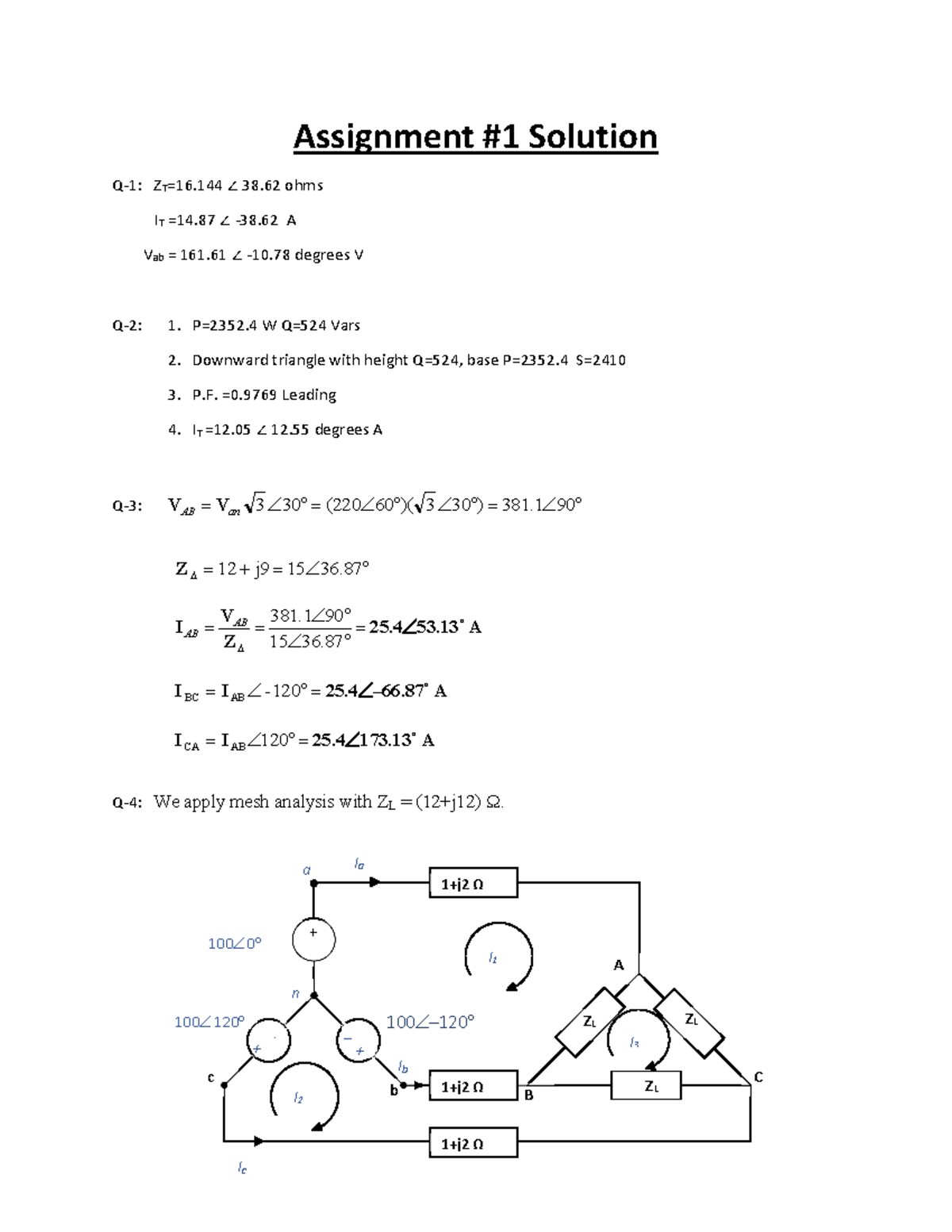 Assignment #1 - Solution Manual - Assignment #1 Solution Q-1: ZT=16 ∠ ...