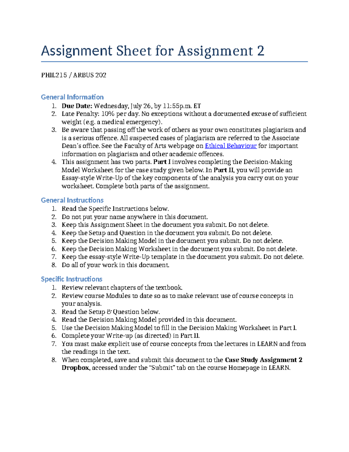 Case study assignment 2 - Assignment Sheet for Assignment 2 PHIL215 ...