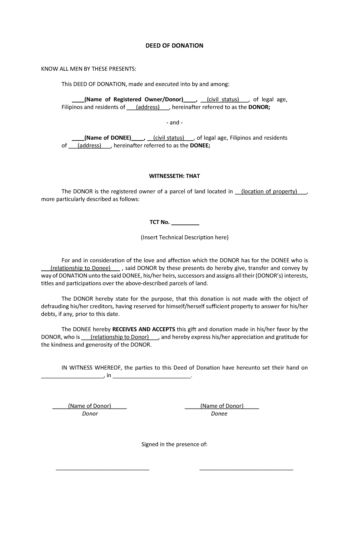 Template Deed of Donation - DEED OF DONATION KNOW ALL MEN BY THESE ...