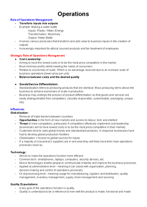 Business Studies: year 12 full notes - 10 OPERATIONS Role of operations ...