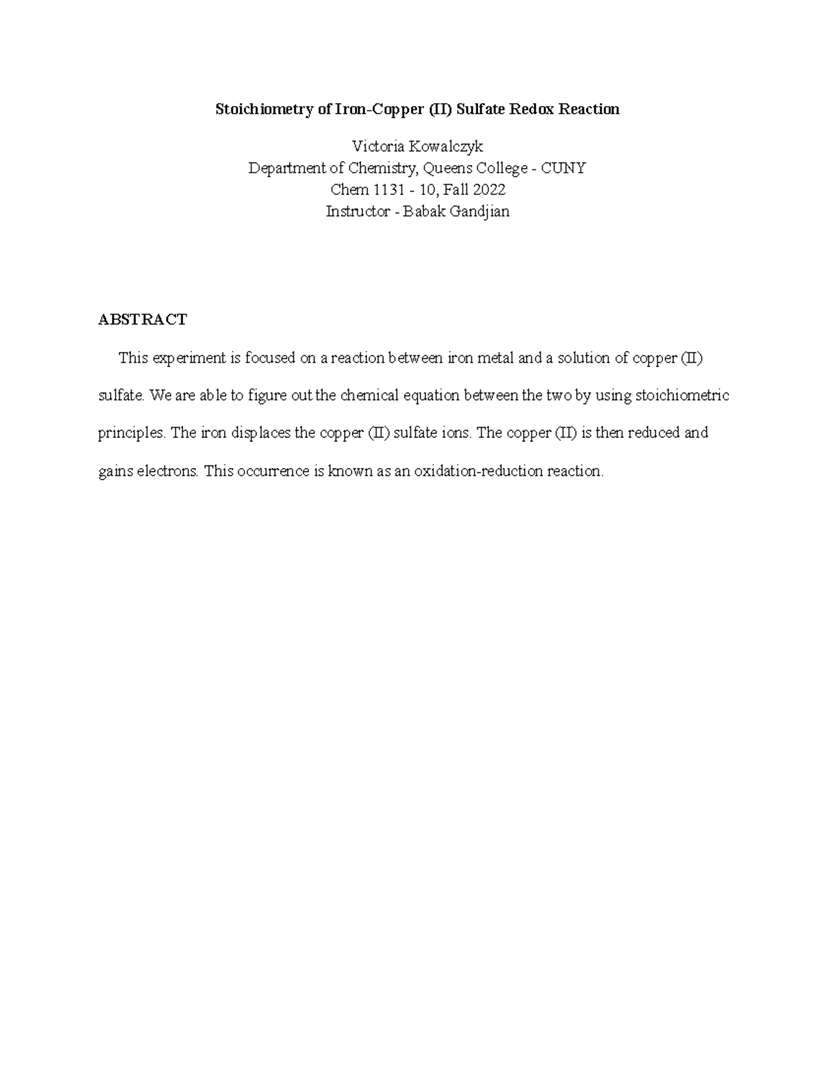 Lab 4 LAB 4 Stoichiometry of IronCopper (II) Sulfate Redox