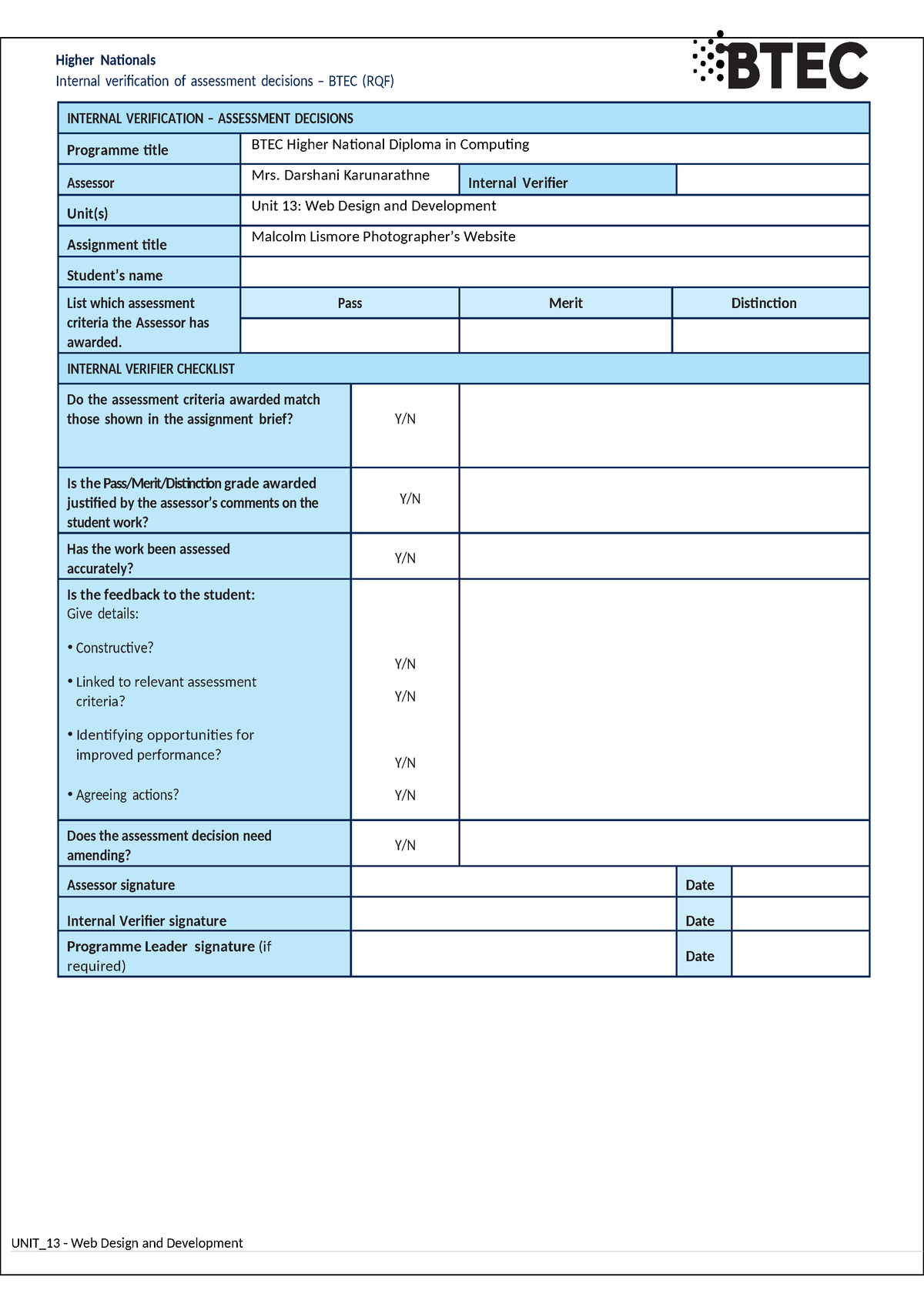 UNIT 13 WDD Assignment - ..... - Higher Nationals Internal verification ...