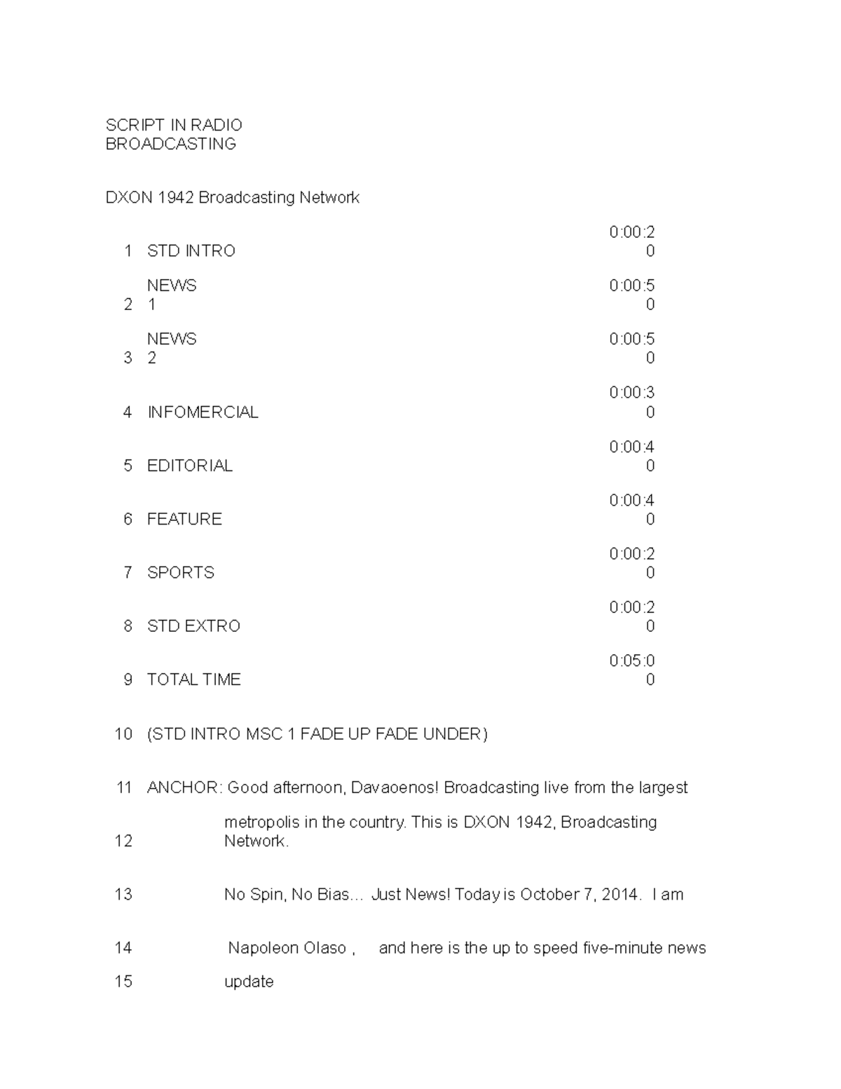 Script IN Radio Broadcasting - Bachelor of Science in Civil Engineering ...
