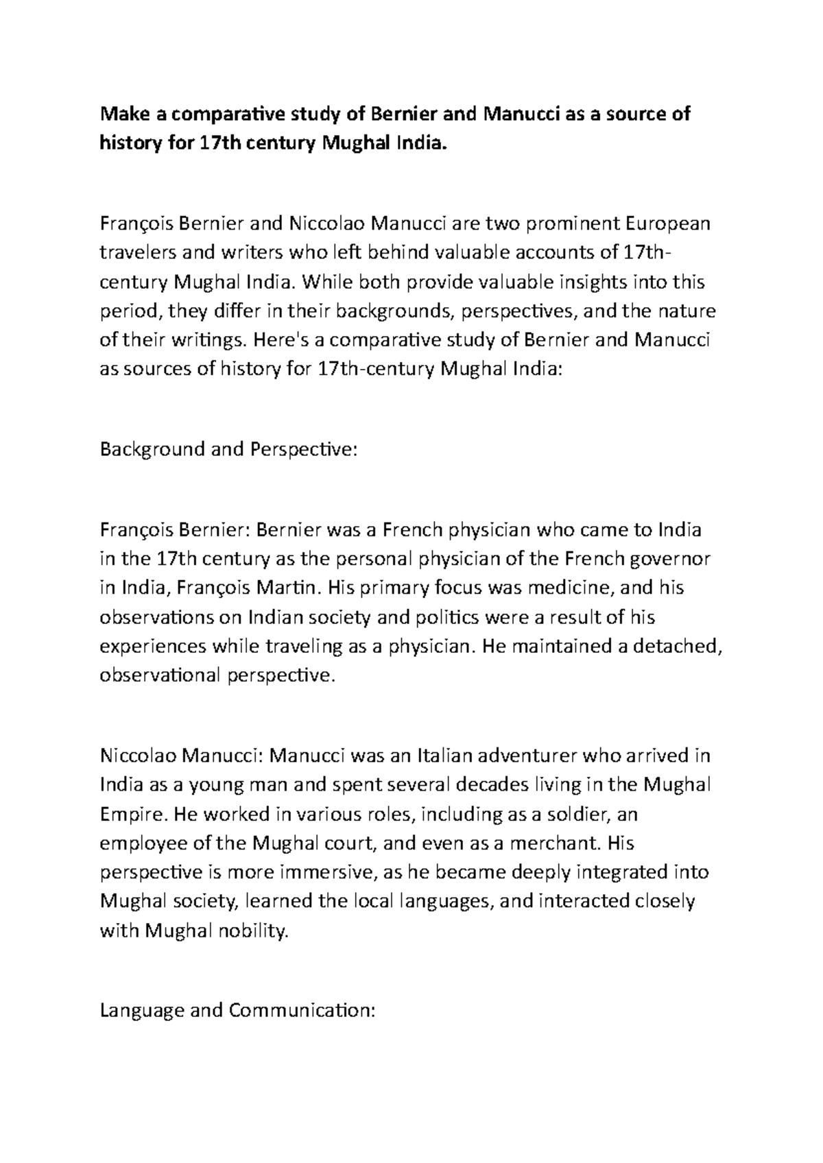 Make a comparative study of Bernier and Manucci as a source of history ...