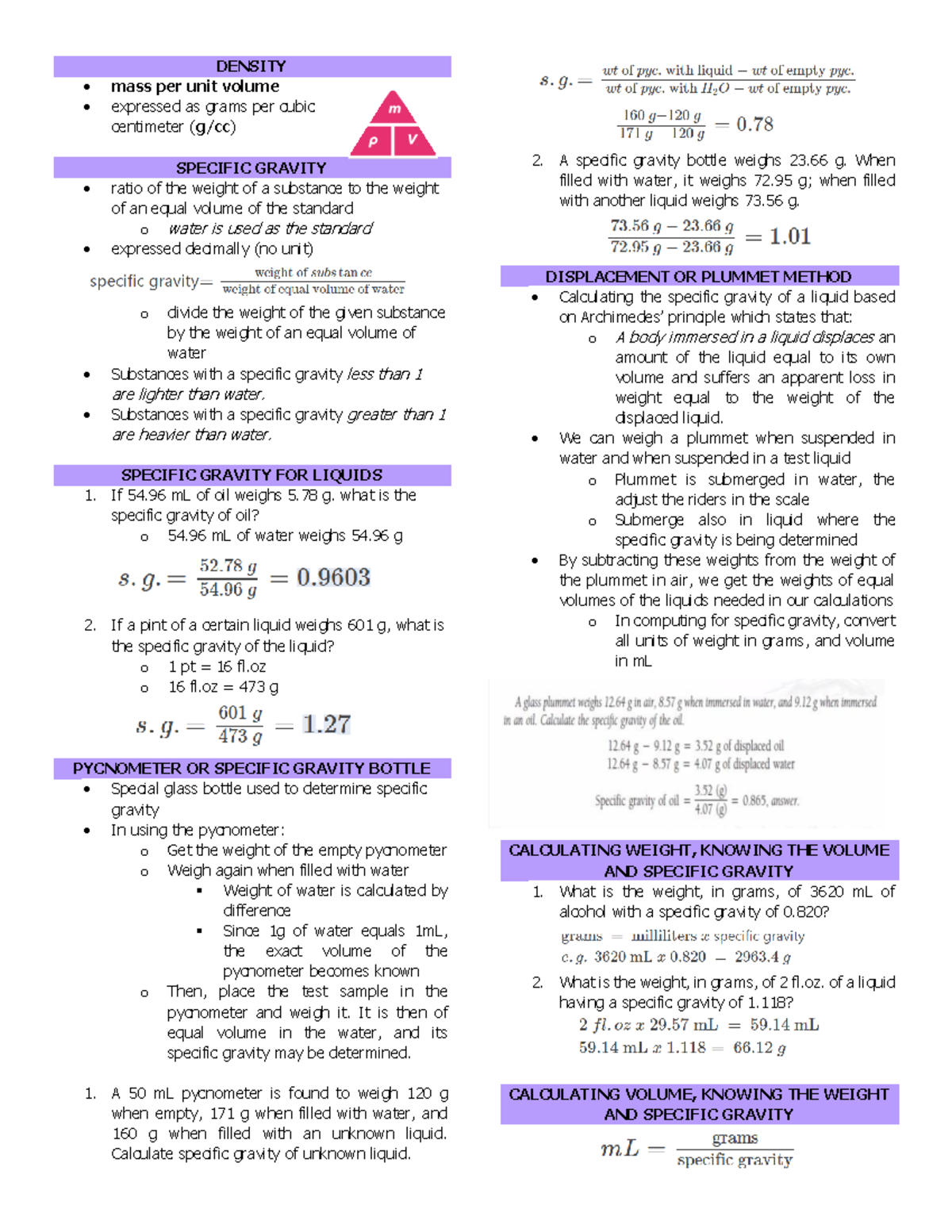 DensityandSpecific Gravity DENSITY mass per unit volume expressed
