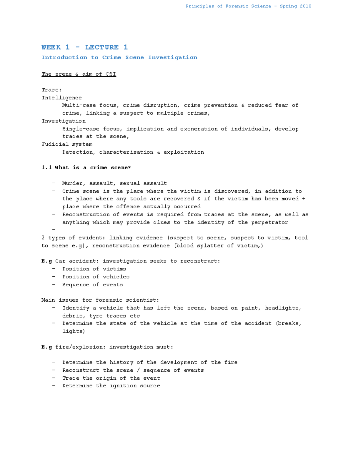 LectureNotesPFS - Principles Of Forensic Science Spring 2018 WEEK 1 ...