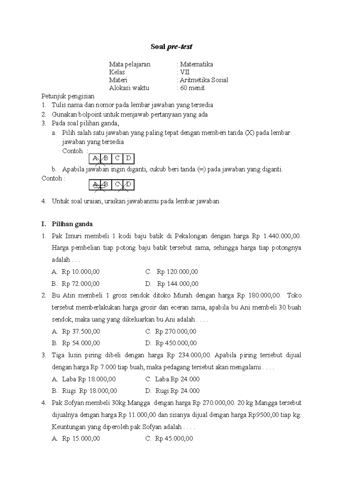 Soal Pilihan Ganda Materi Aritmetika Sos - Soal Pre-test Mata Pelajaran ...