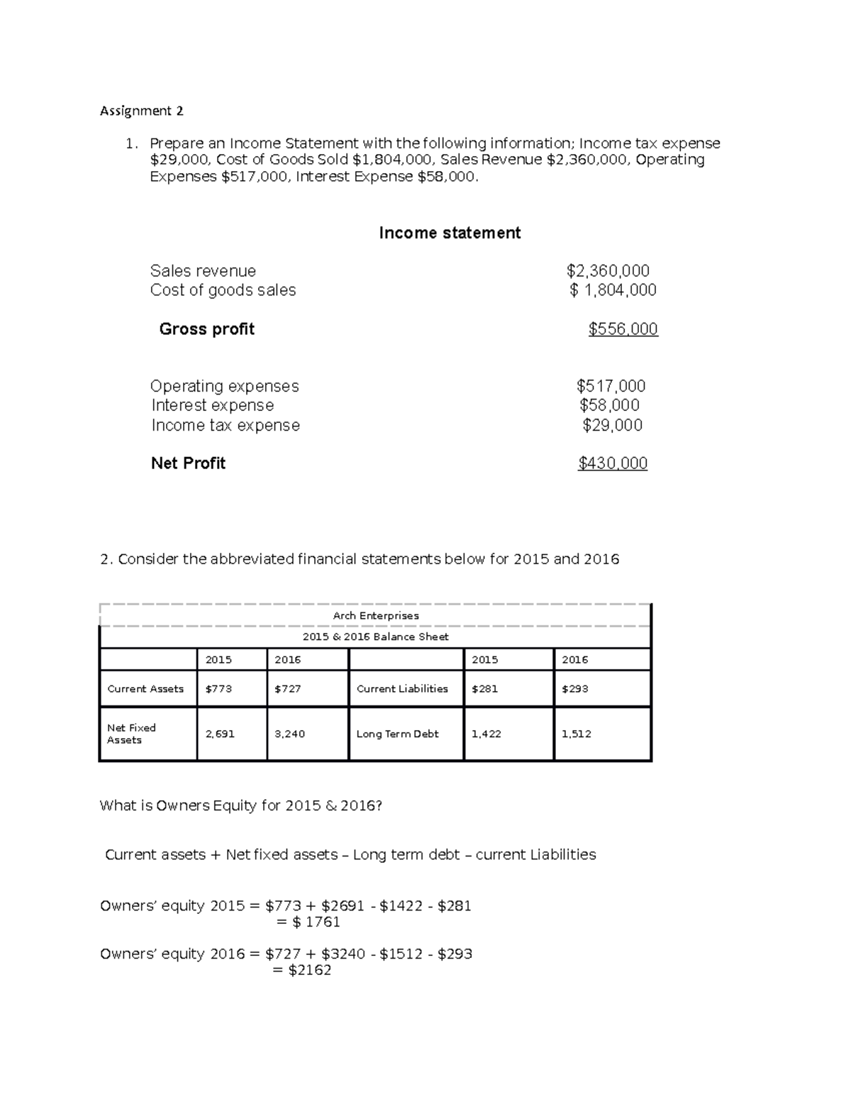 Finance Assignment - Assignment 2 1. Prepare an Income Statement with ...