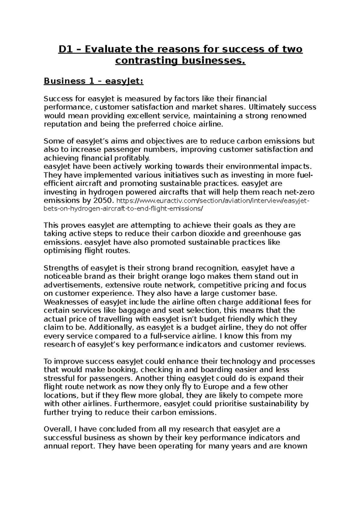 D1 CW UNIT 1 - business coursework example - D1 – Evaluate the reasons ...
