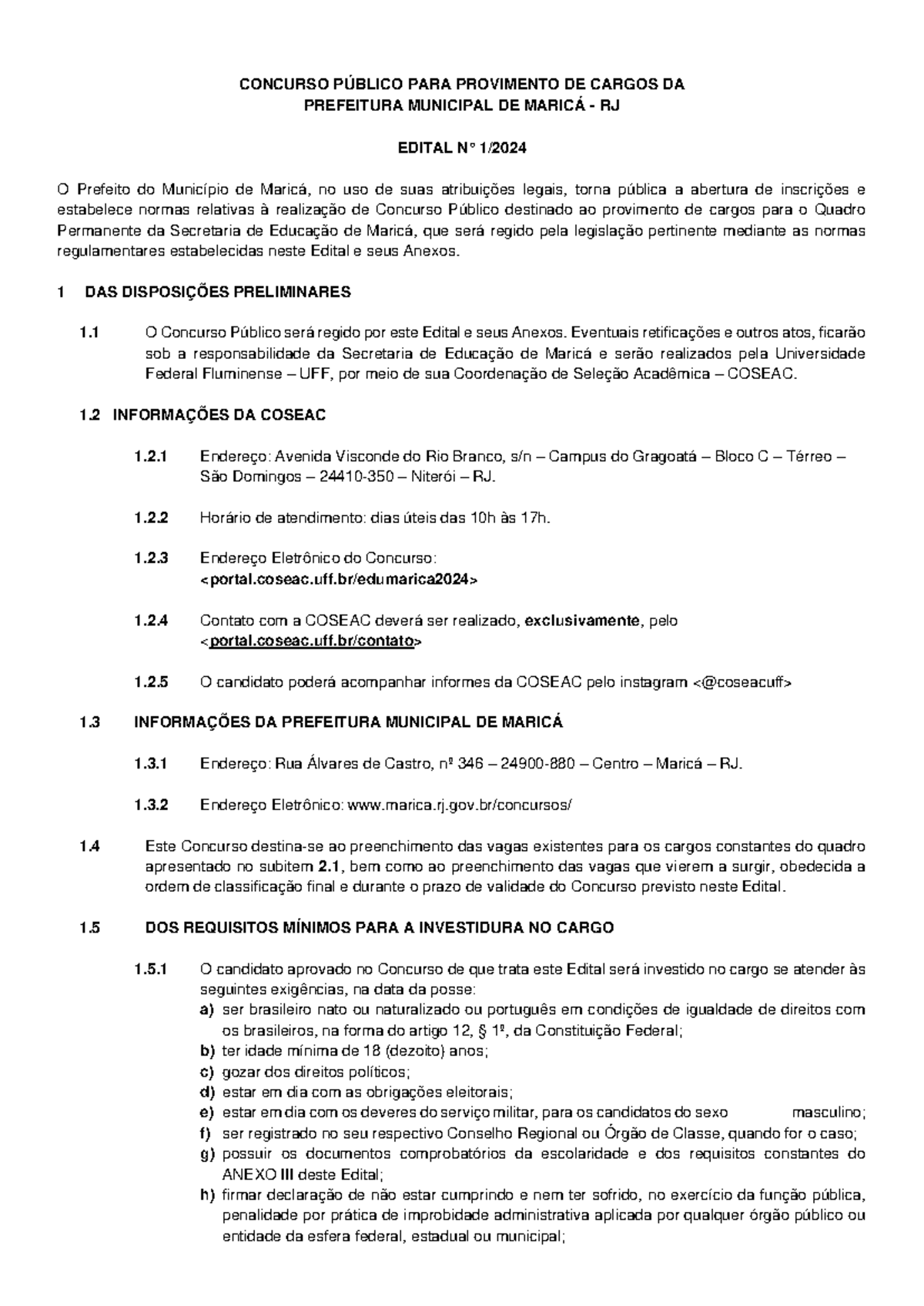Edital de Concurso Publico n 1 2024 - CONCURSO PÚBLICO PARA PROVIMENTO 