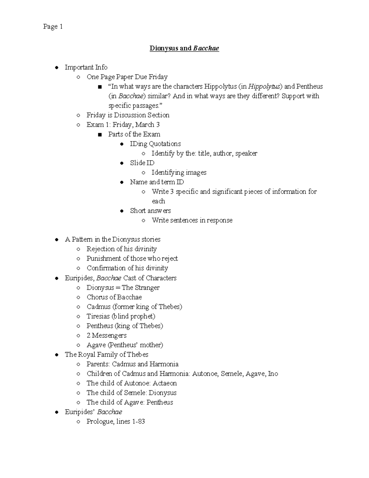 AMS 1060 Dionysus and Bacchae - Page 1 Dionysus and Bacchae Important ...