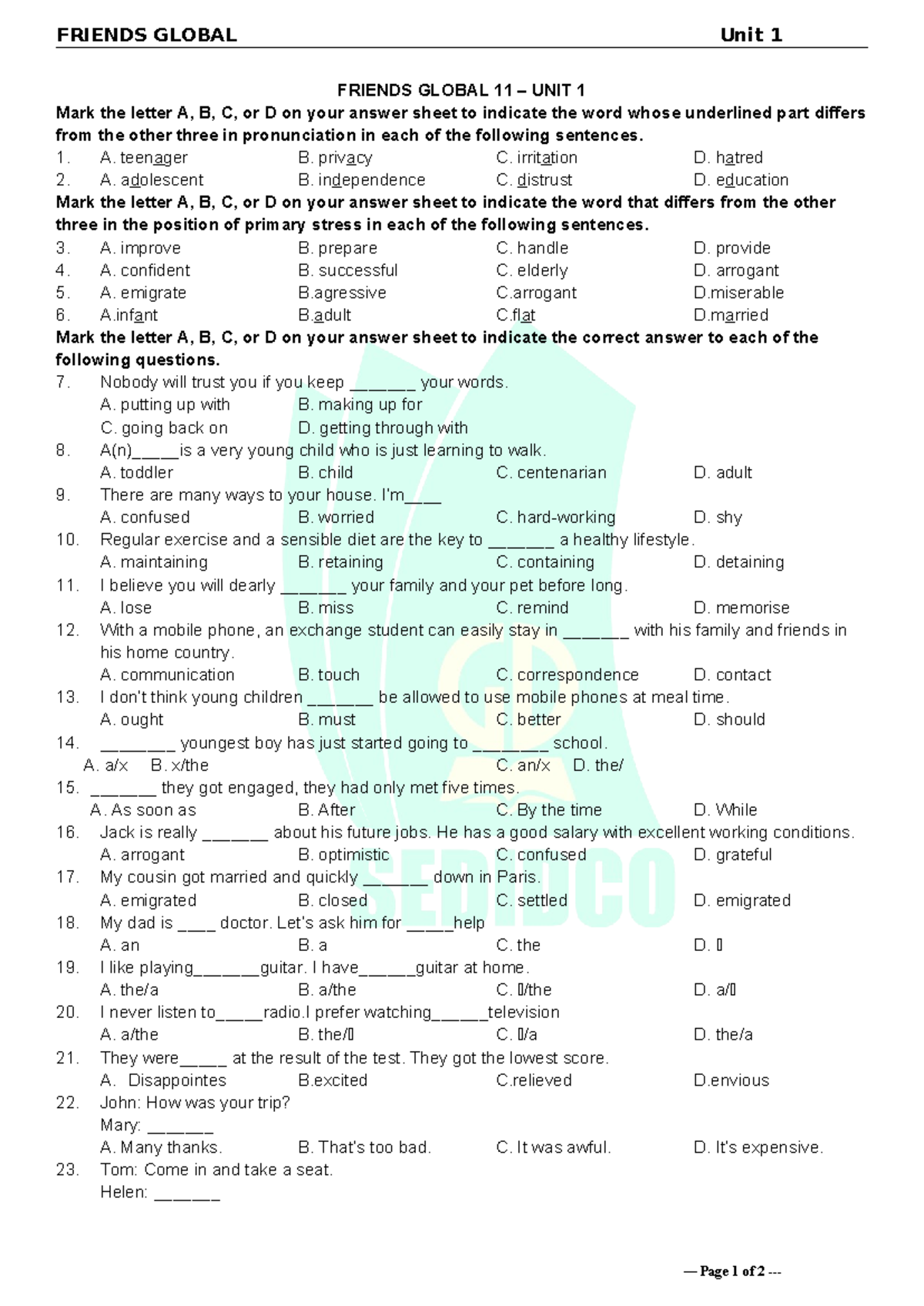 Tieng Anh 11 Friends Global Unit 1 Test 2 FRIENDS GLOBAL Unit 1
