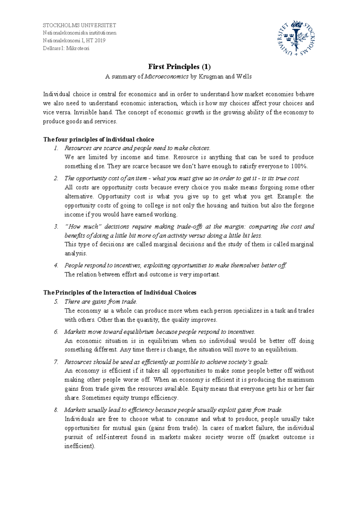 Summary of chapter 1 - Microeconomics by Krugman & Wells - STOCKHOLMS ...