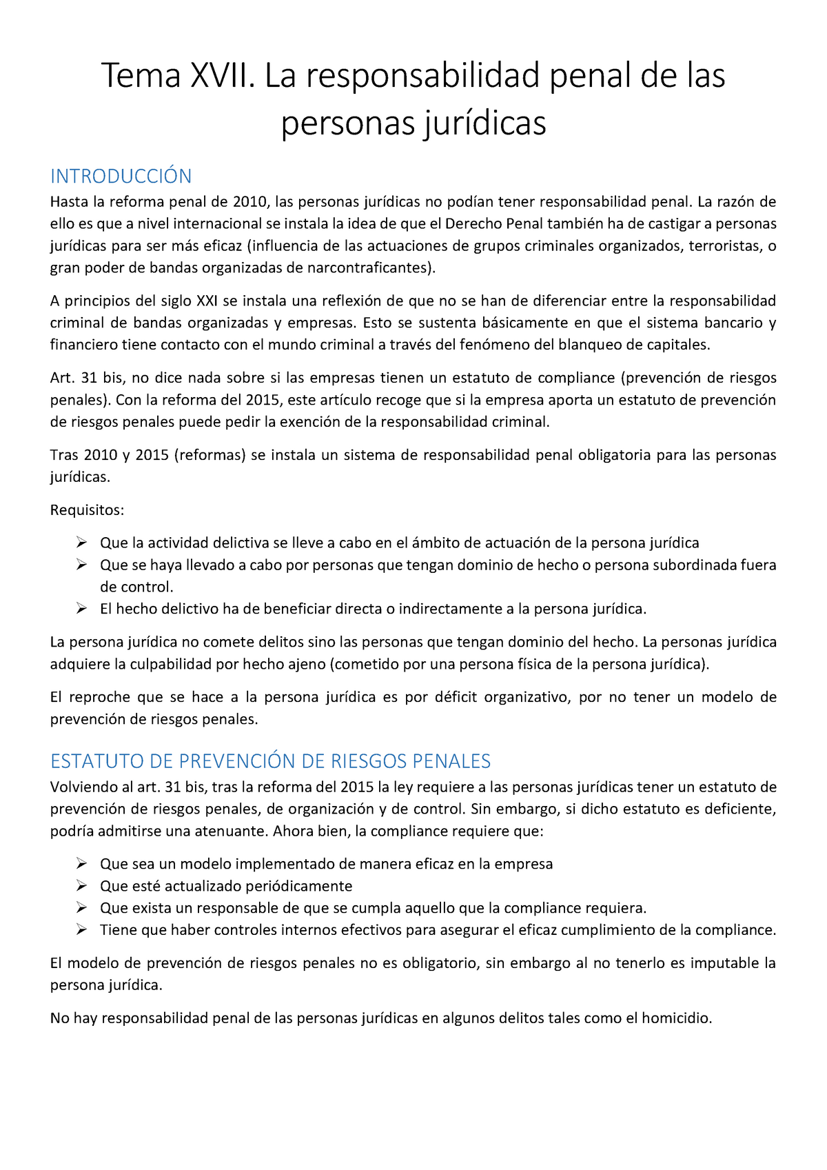 Tema Xvii Responsabilidad Penal Personas Juridicas Tema Xvii La