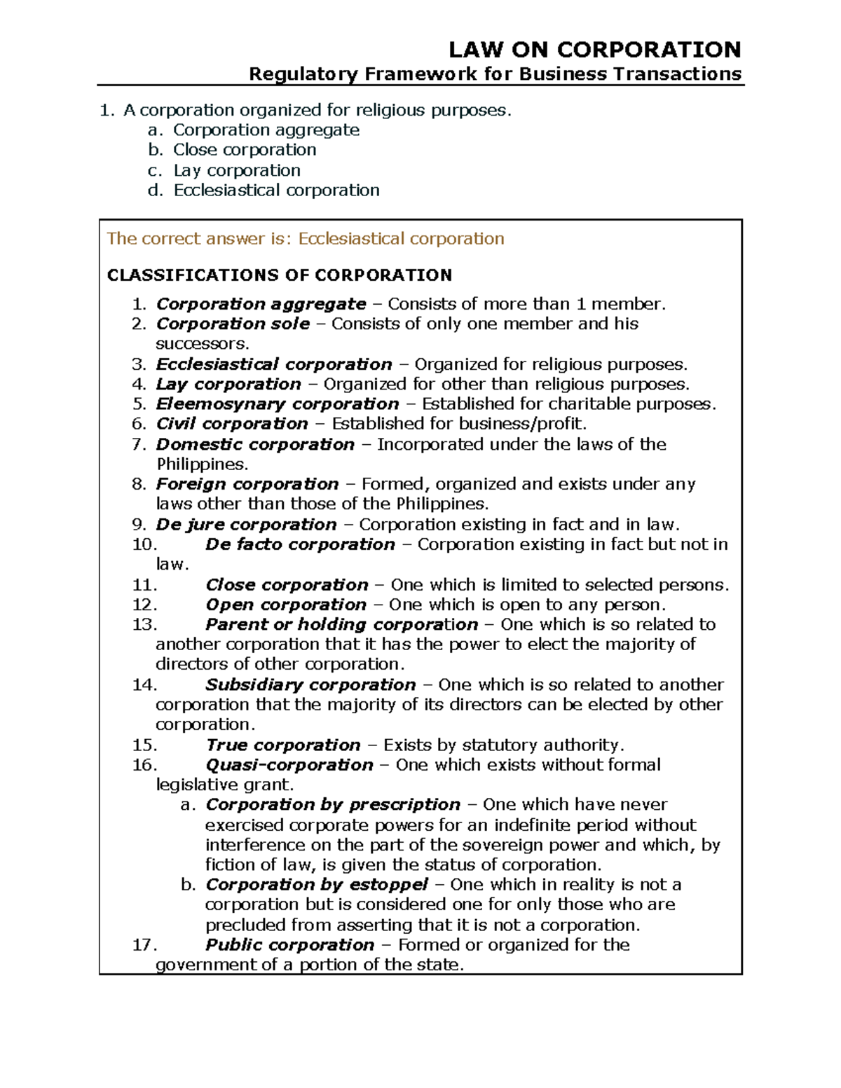 Law on Corporations Test Bank (with Revised Corporate Code References