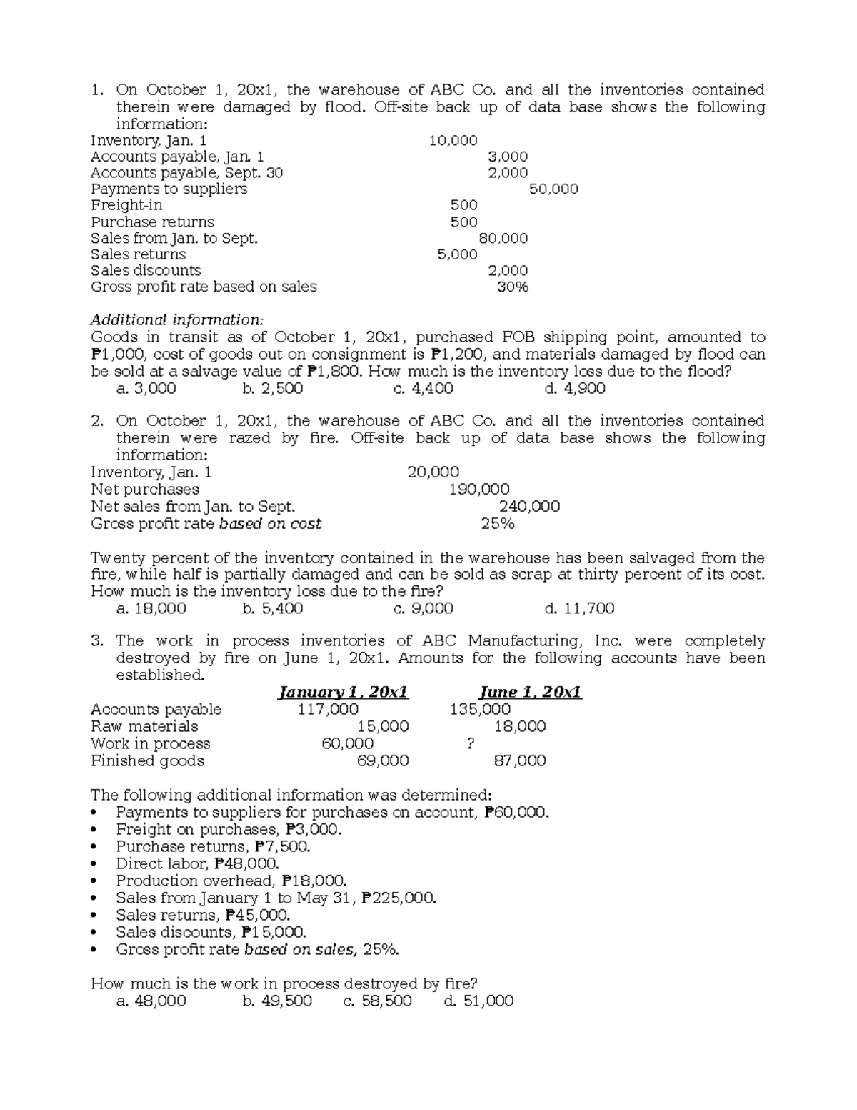 Inventory prob and ans - Inventories - 1. On October 1, 20x1, the ...