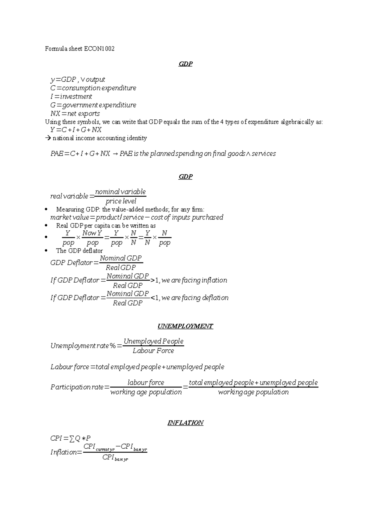 useful introductory macro economics theory and formulas - Formula sheet ...