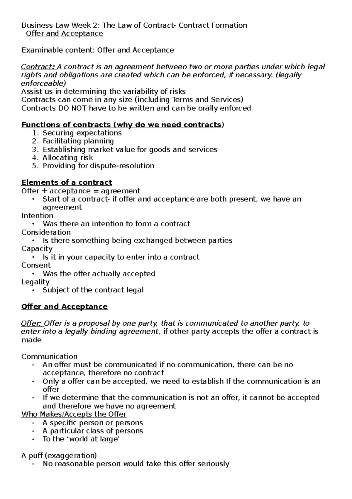 Week 2 Law of Contract - Business Law Week 2: The Law of Contract ...