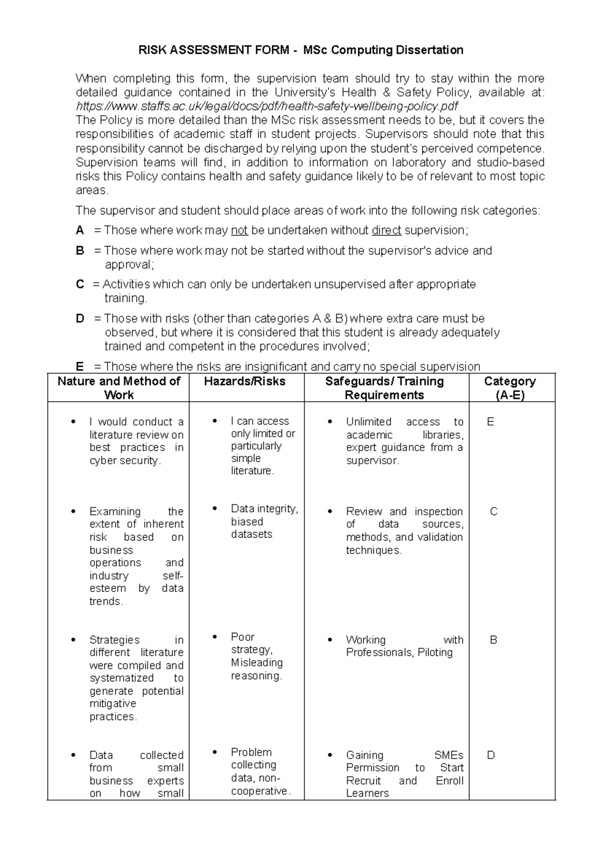 dissertation risk assessment