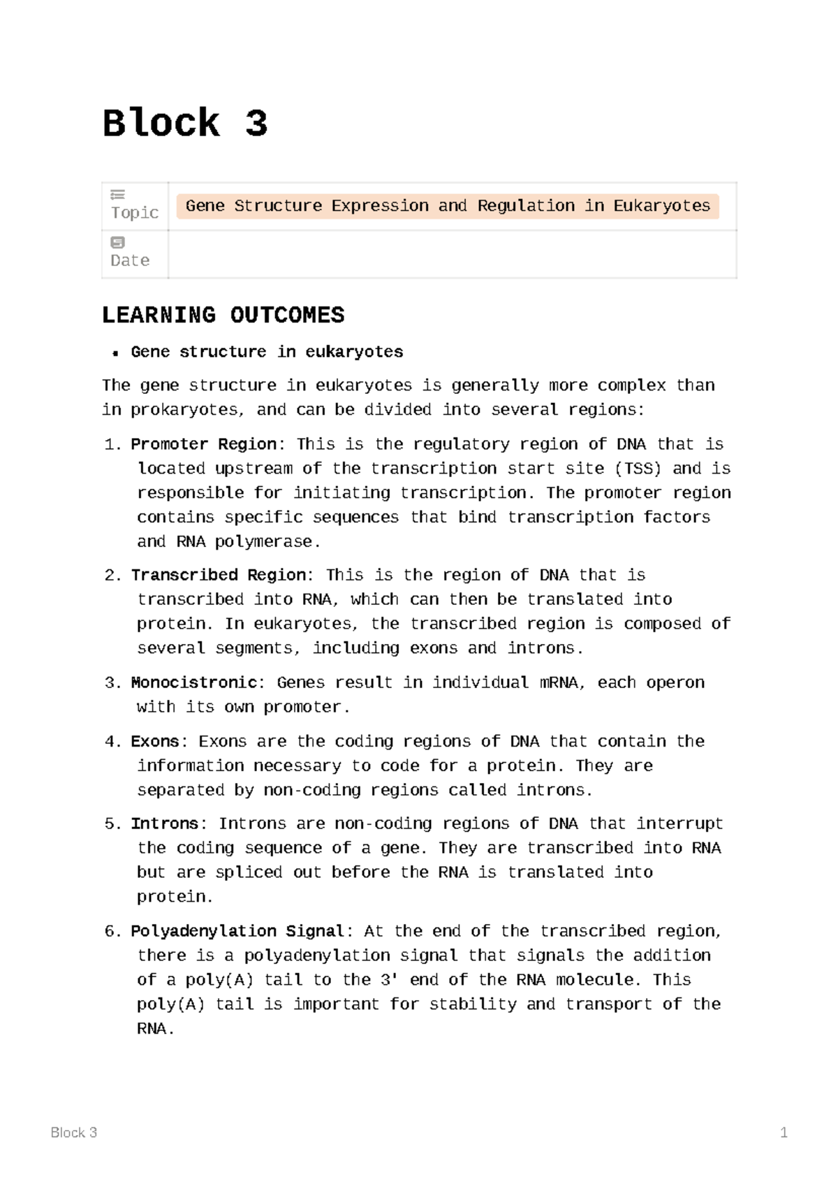 Block 3 Summary - Block 3 Topic Gene Structure Expression and ...