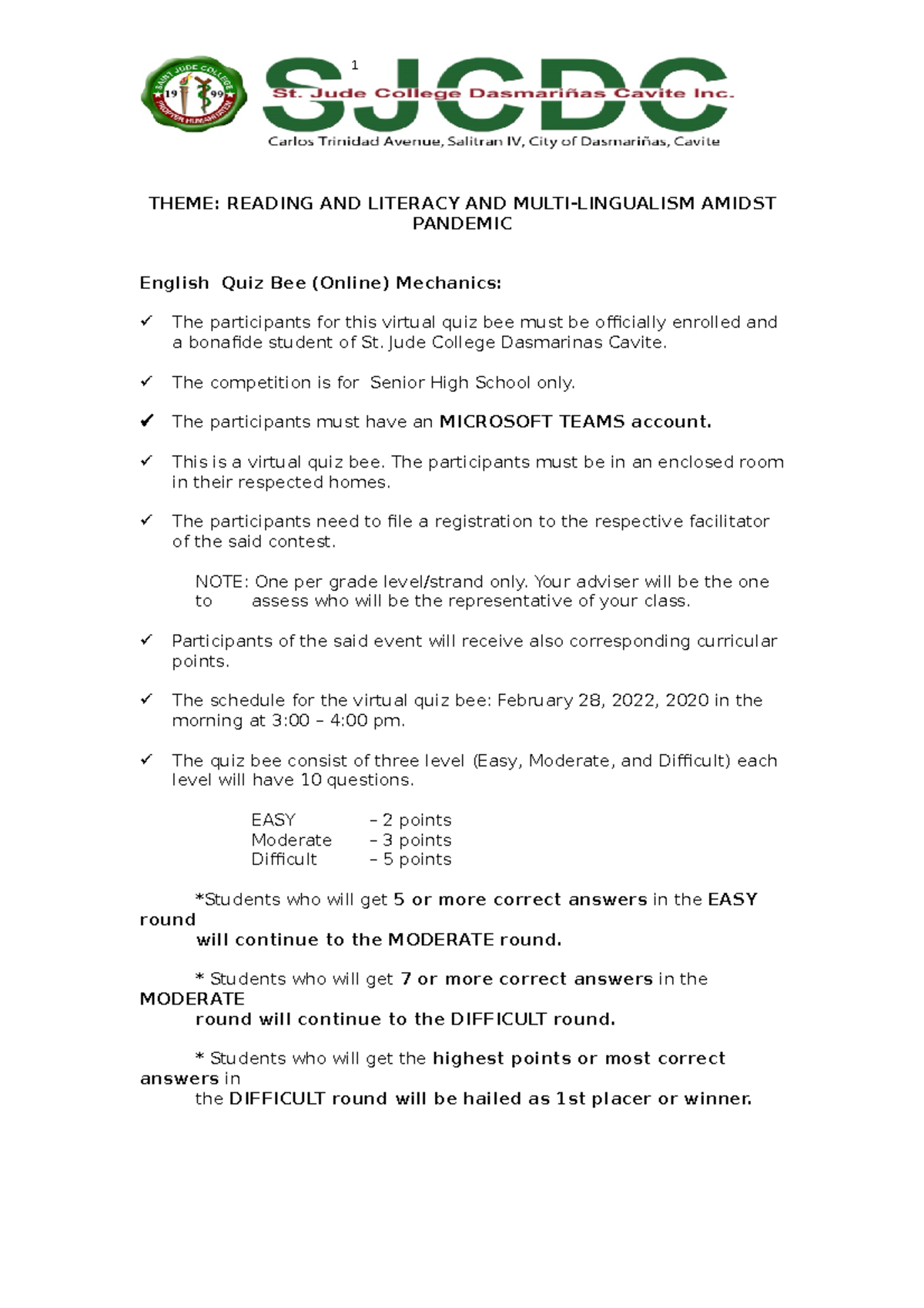 English Quiz Bee Mechanics - THEME: READING AND LITERACY AND MULTI ...