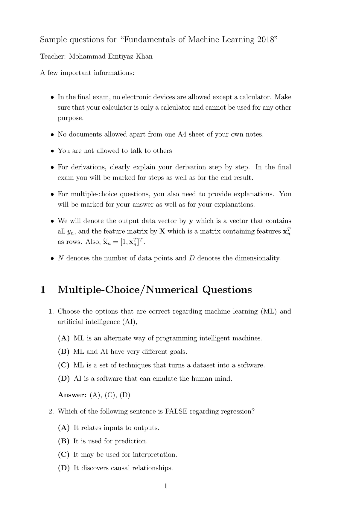 Sample Exam Answers - Sample Questions For “Fundamentals Of Machine ...