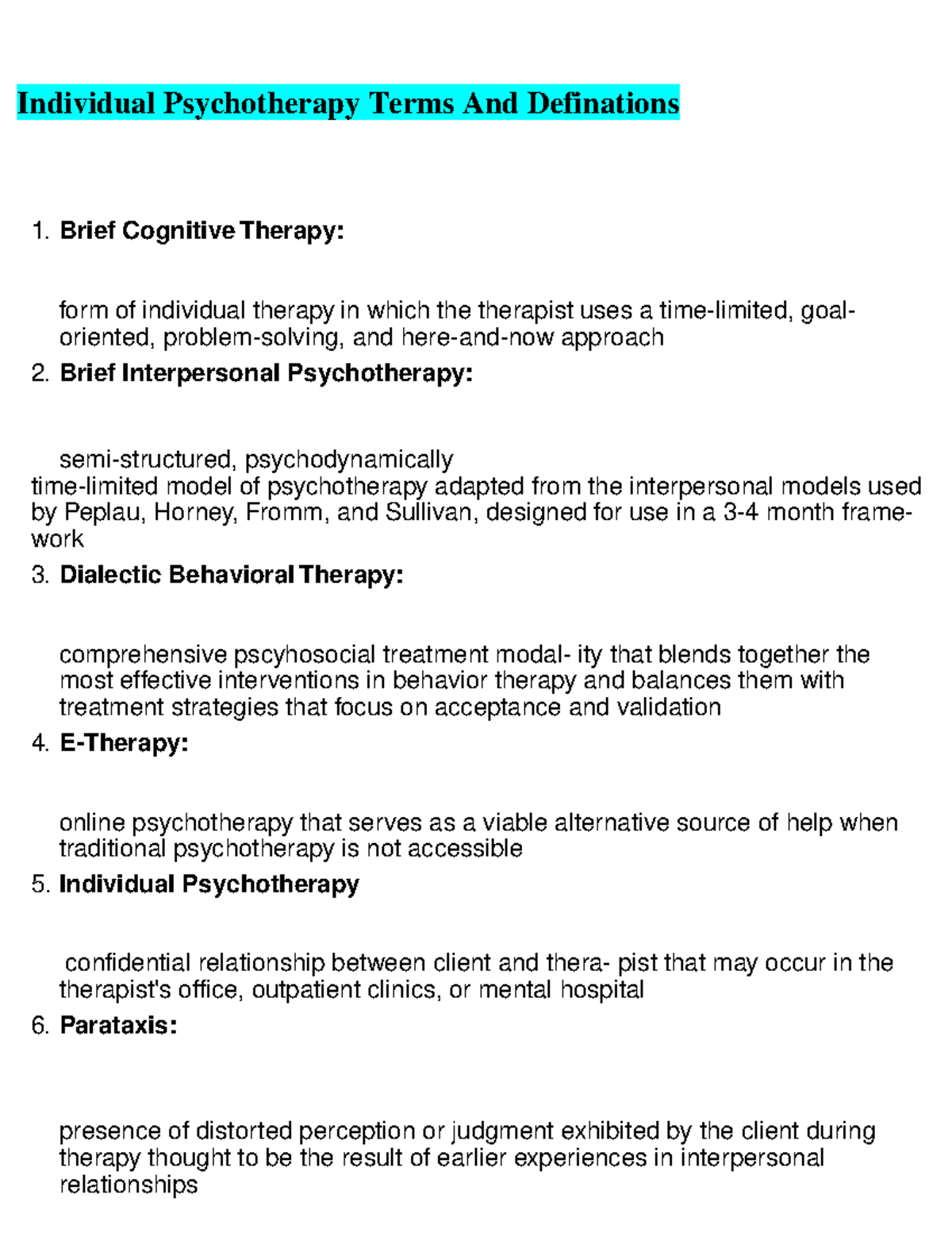 Individual Psychotherapy Terms And Definations - Brief Interpersonal ...