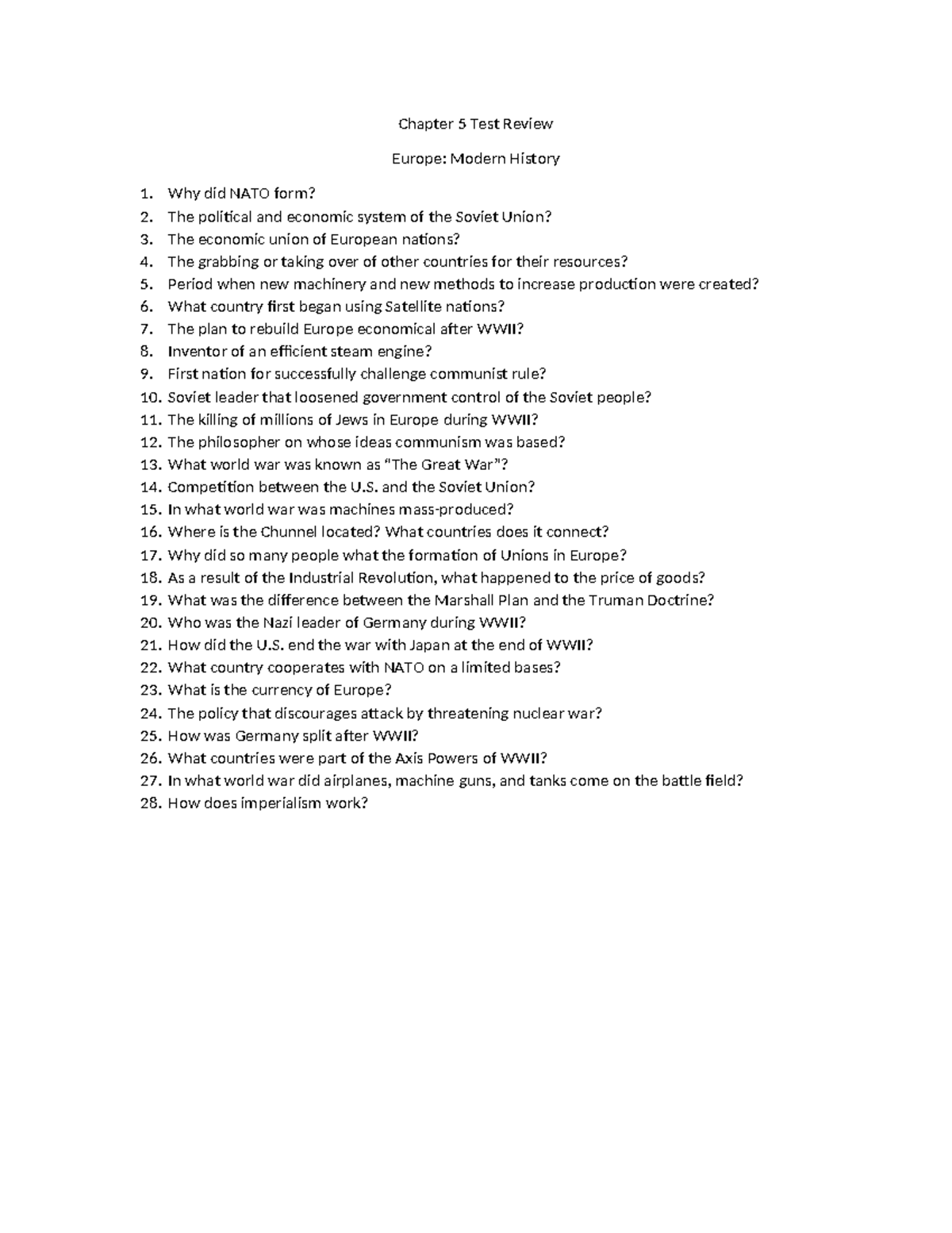 Geography Chapter 5 Test Review - Chapter 5 Test Review Europe: Modern ...