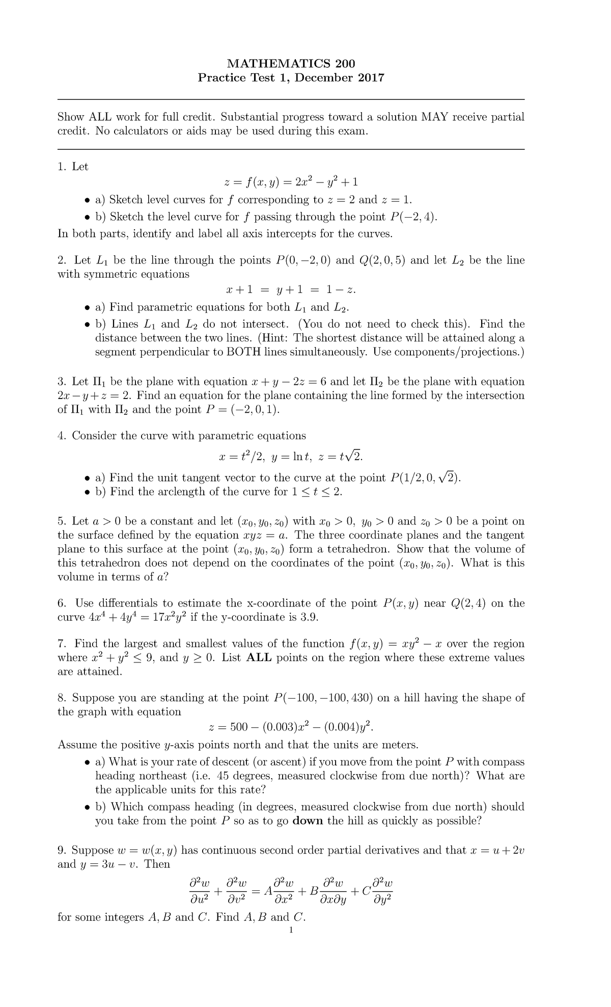 Sample/practice exam 2017, questions - MATHEMATICS 200 Practice Test 1 ...