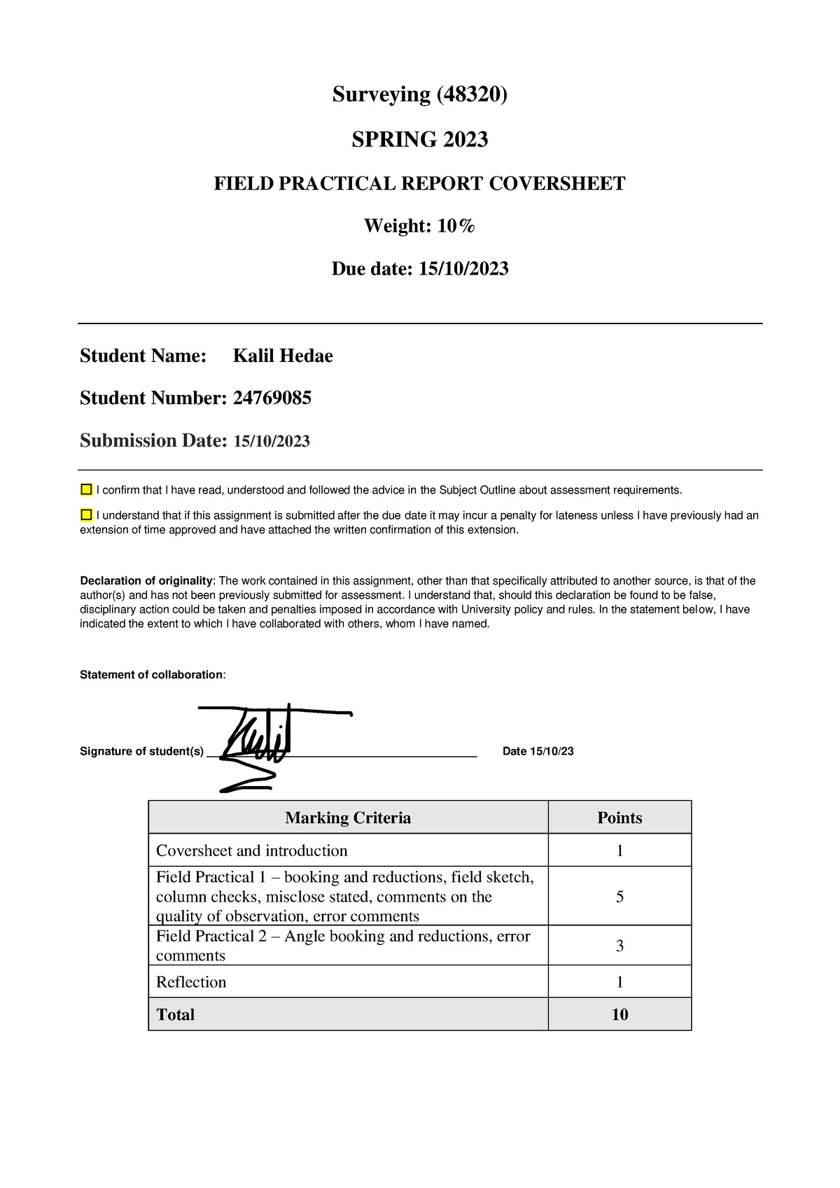 Surveing Field Practical - Surveying ( 4832 0) SPRING 2023 FIELD ...