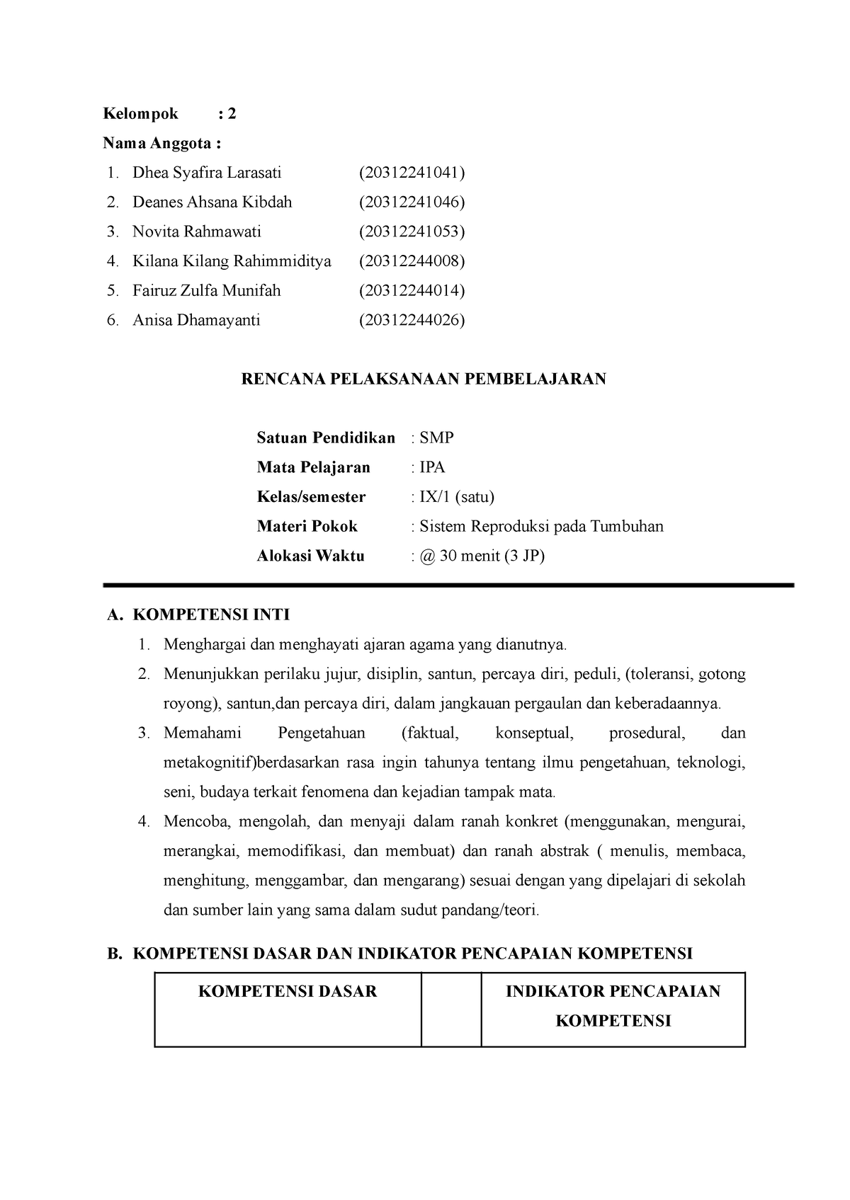 RPP Sistem Reproduksi Pada Tumbuhan - Kelompok : 2 Nama Anggota : 1 ...