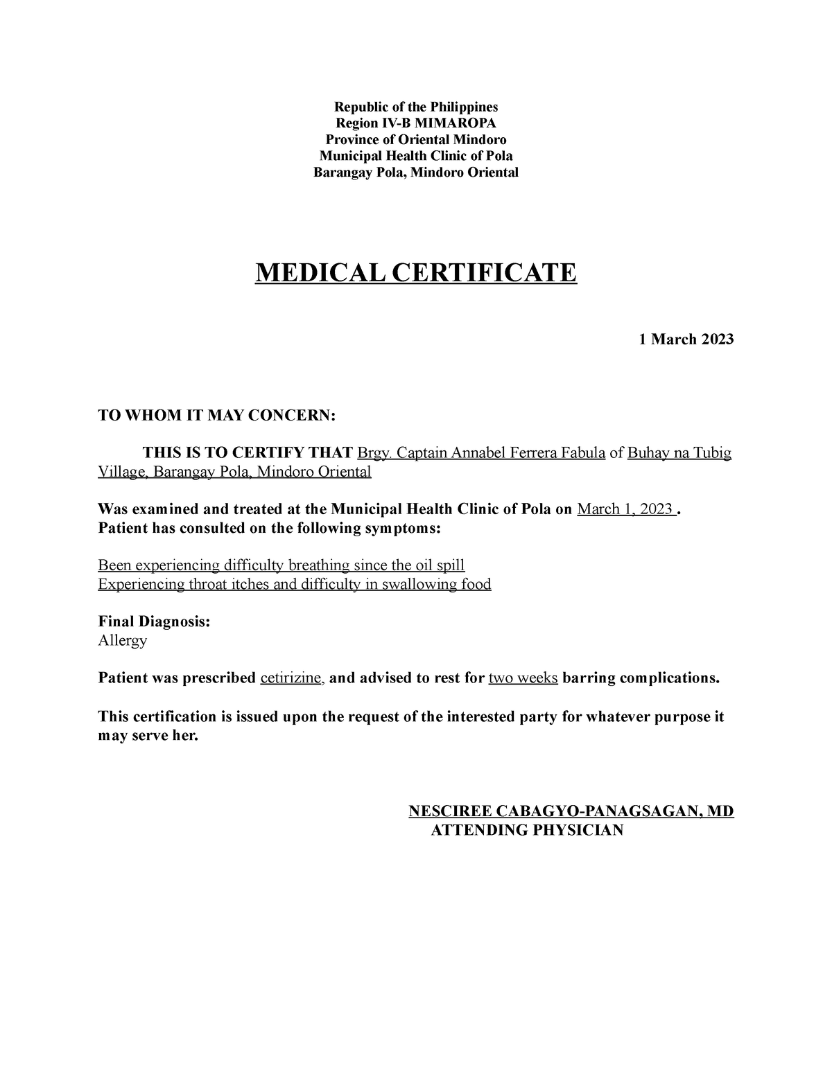 Medical Certificate - Annabel Ferrera Fabula - Republic of the ...