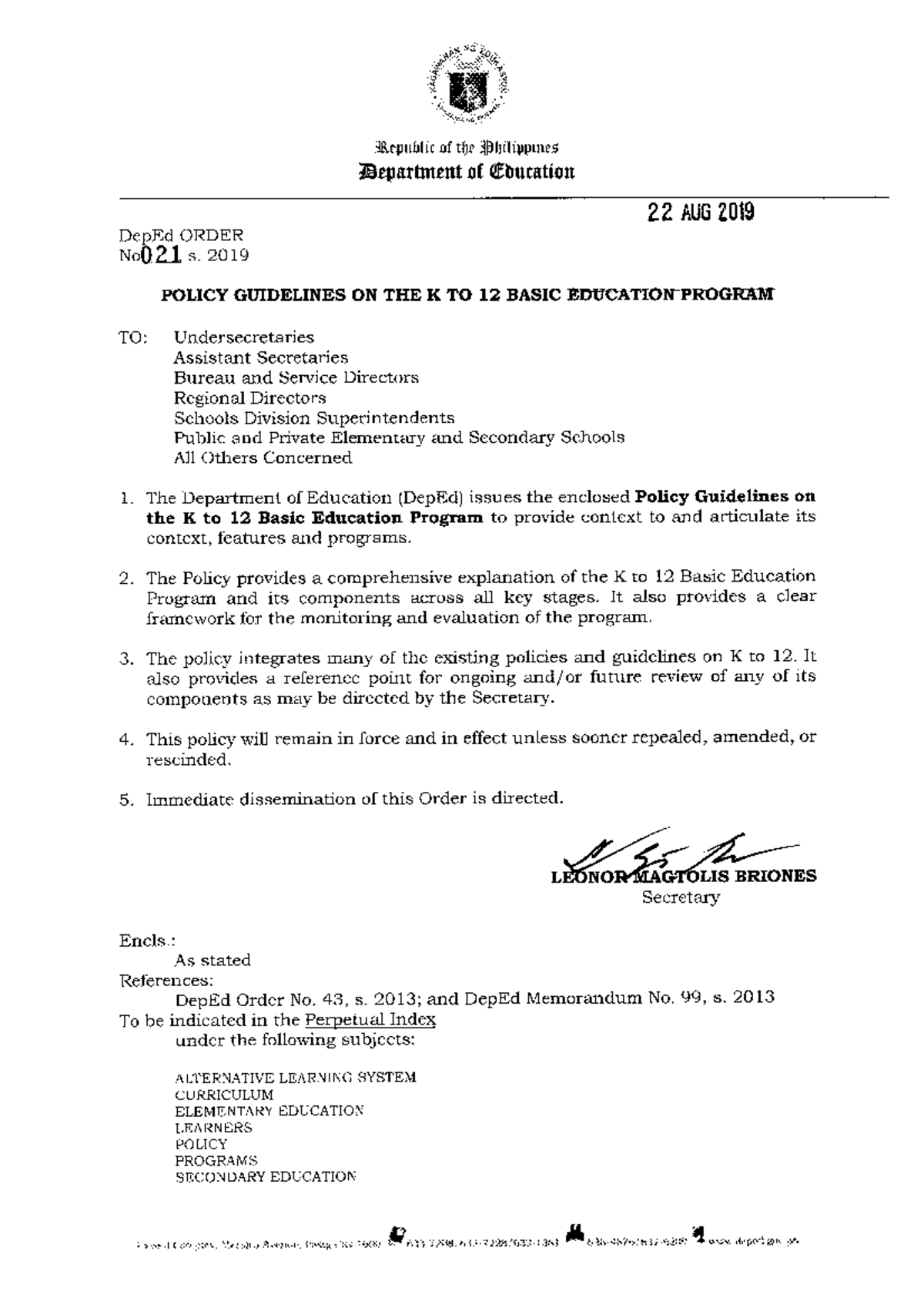 assignment order deped