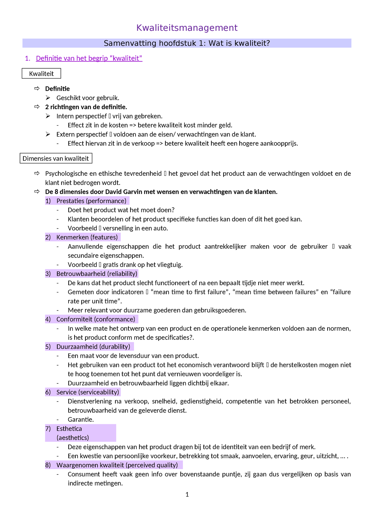 Hoofdstuk 1 - Samenvatting Kwaliteitsmanagement - Kwaliteitsmanagement ...