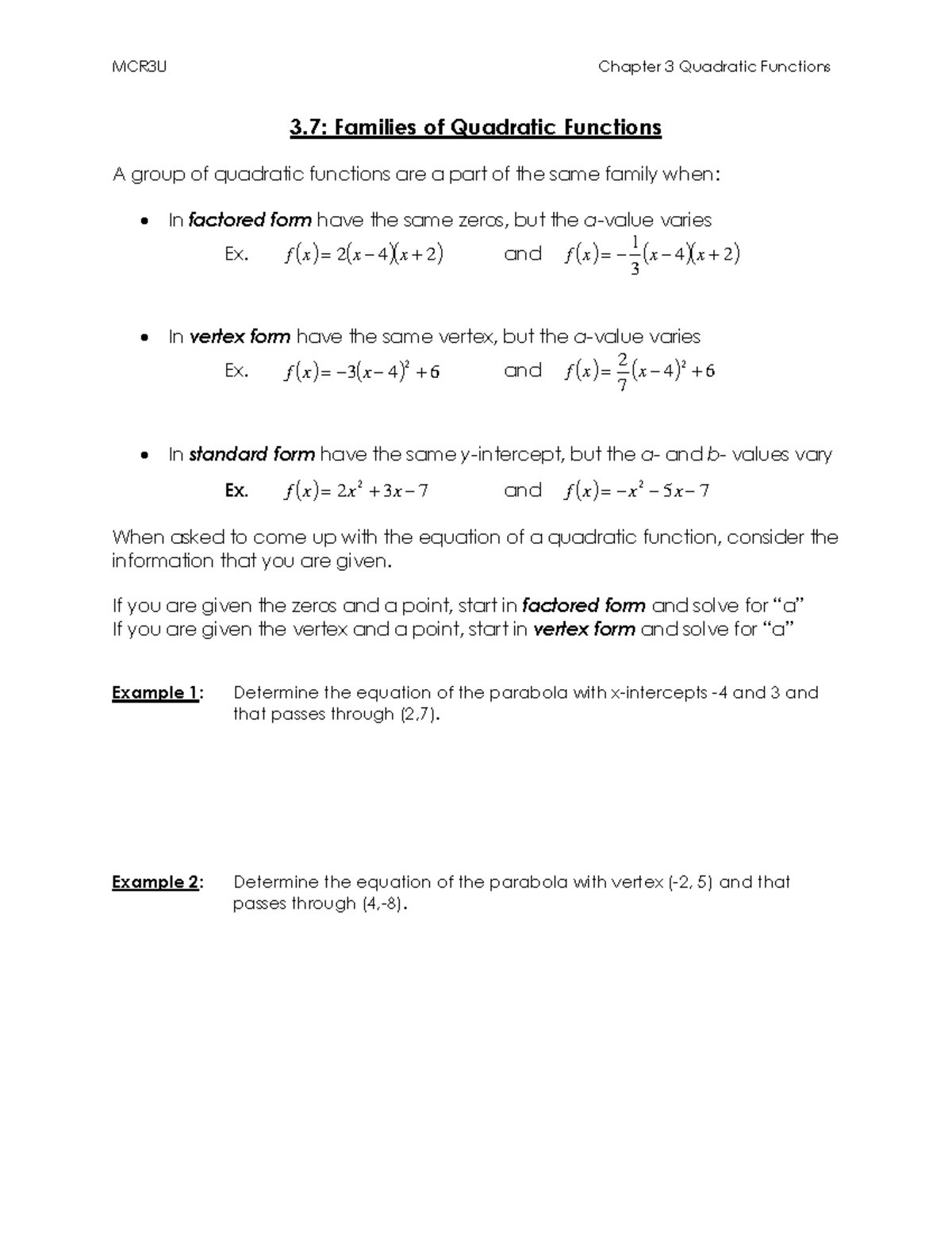 3.7 Families Of Quadratic Functions (2022) - MCR3U Chapter 3 Quadratic ...