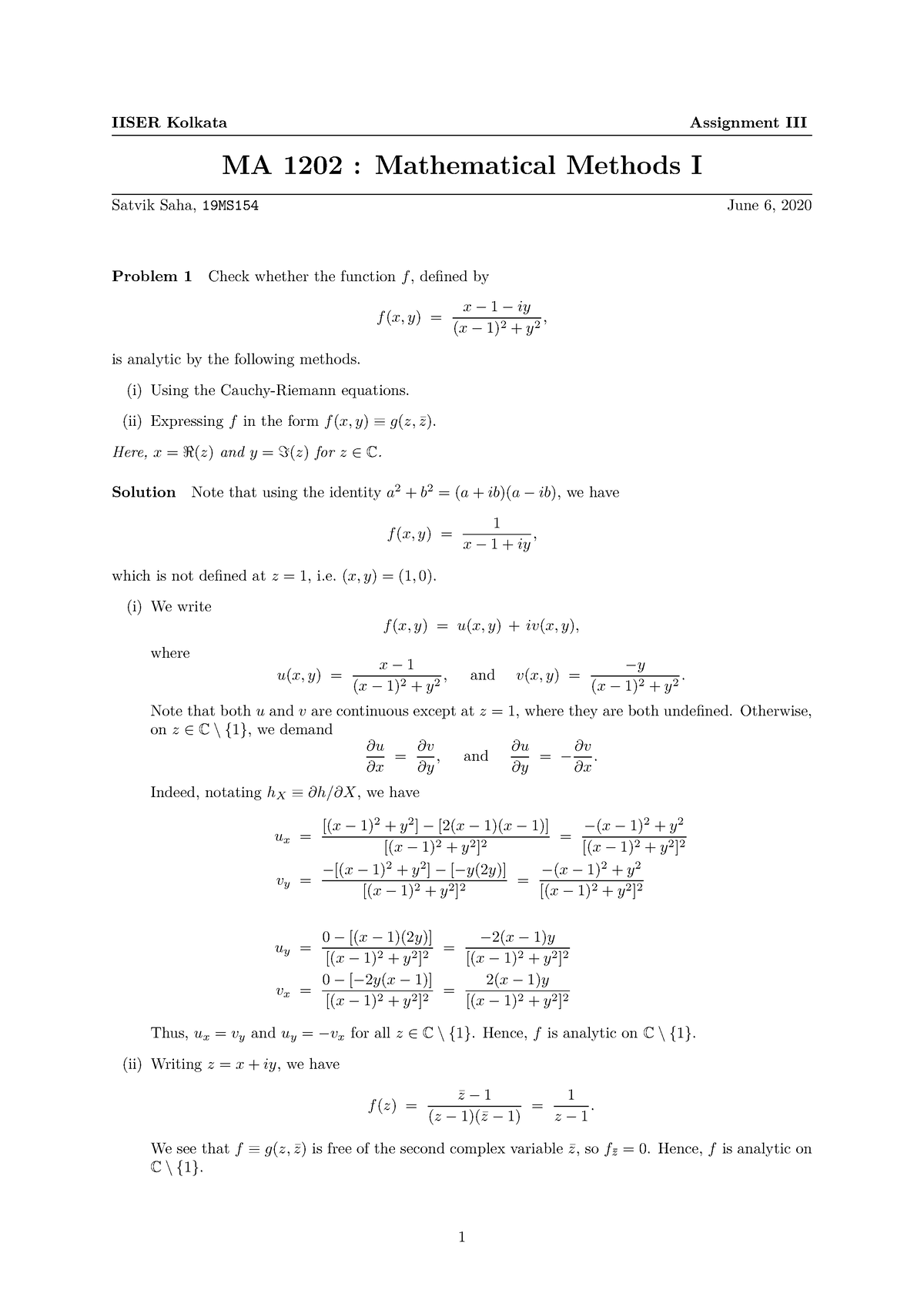 Ma1202 Complex Analysis Complete Solution - IISER Kolkata Assignment ...