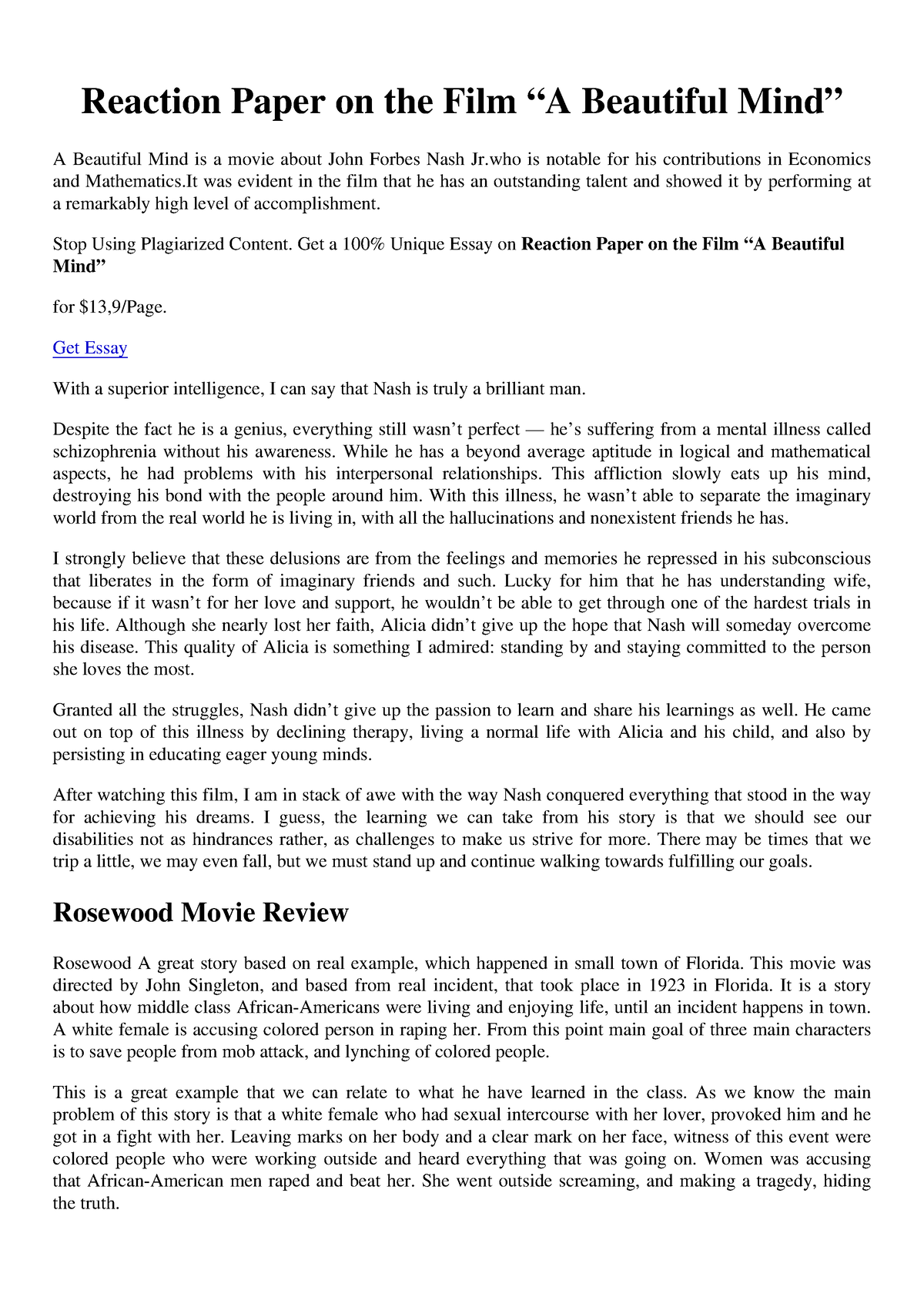 Reaction Paper On The Film “a Beautiful Mind” - Stop Using Plagiarized 