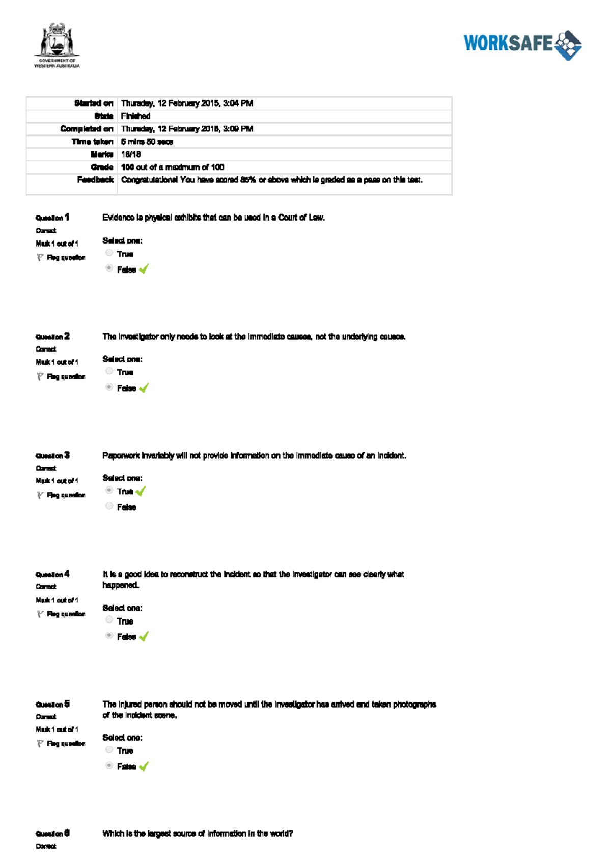 Incident Investigation and Reporting test - WORKSAFE GOVERNMENT OF ...