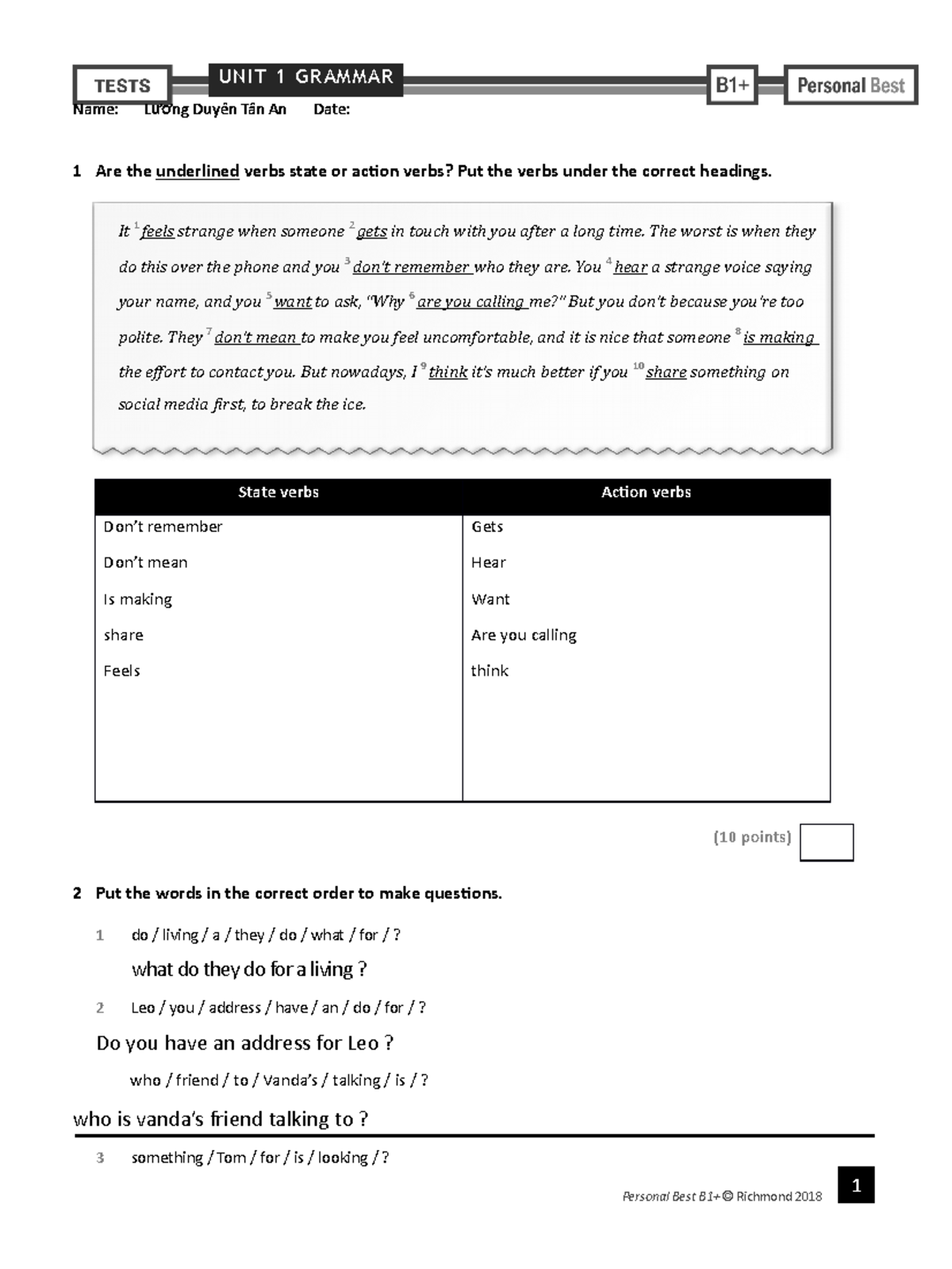 Personal Best B1 Unit 1 Grammar Test - Unit 1 Grammar Name: L ương 