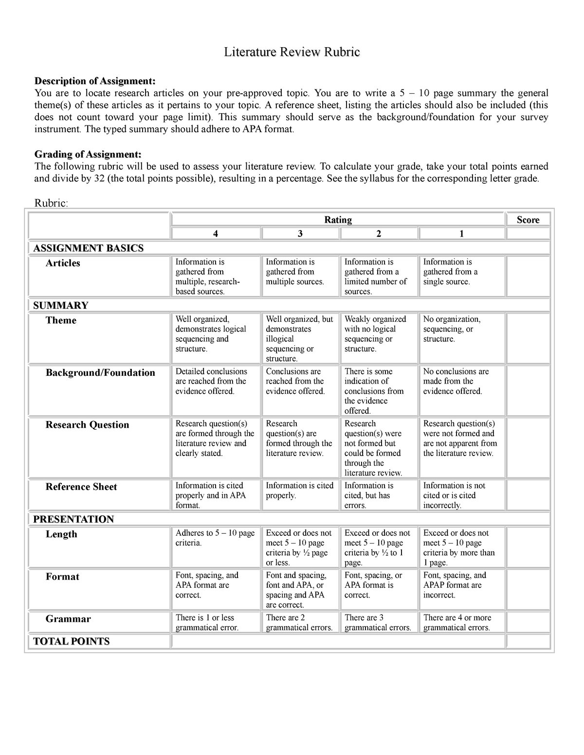 Literature Review Rubrics For Education Literature Review 