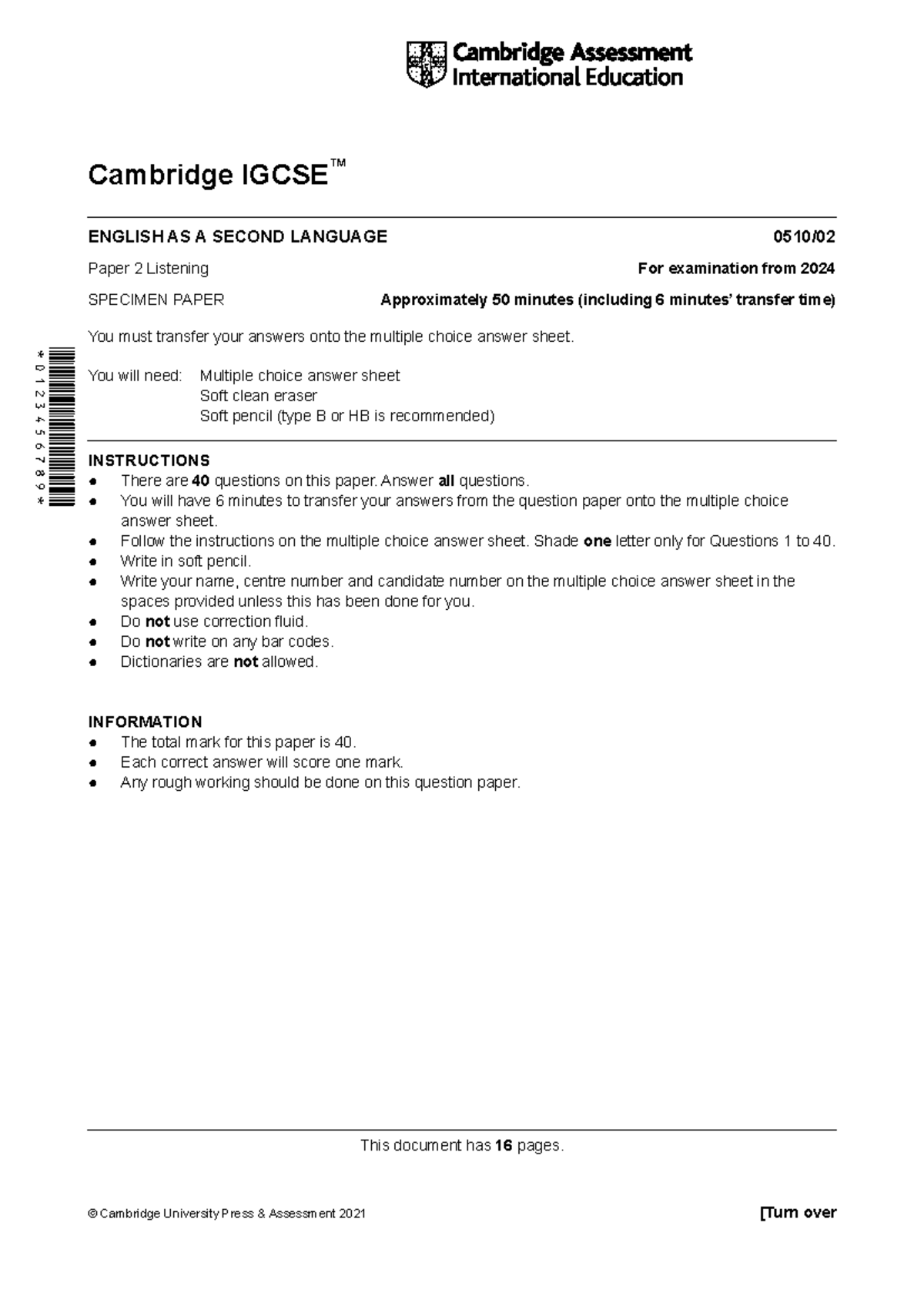 638100 2024 specimen paper 2 - Cambridge IGCSE ™ ENGLISH AS A SECOND ...